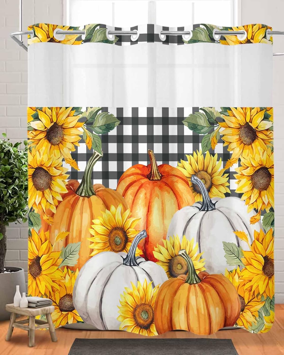No Hook Cloth Fabric Shower Curtain with Snap-in Liner Set