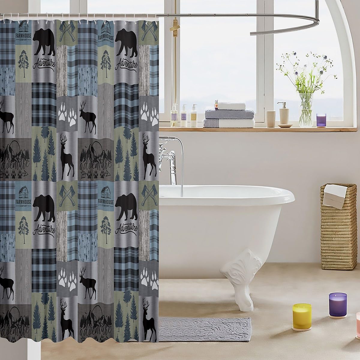 Cute Bear Deer Shower Curtain with 12 Hooks