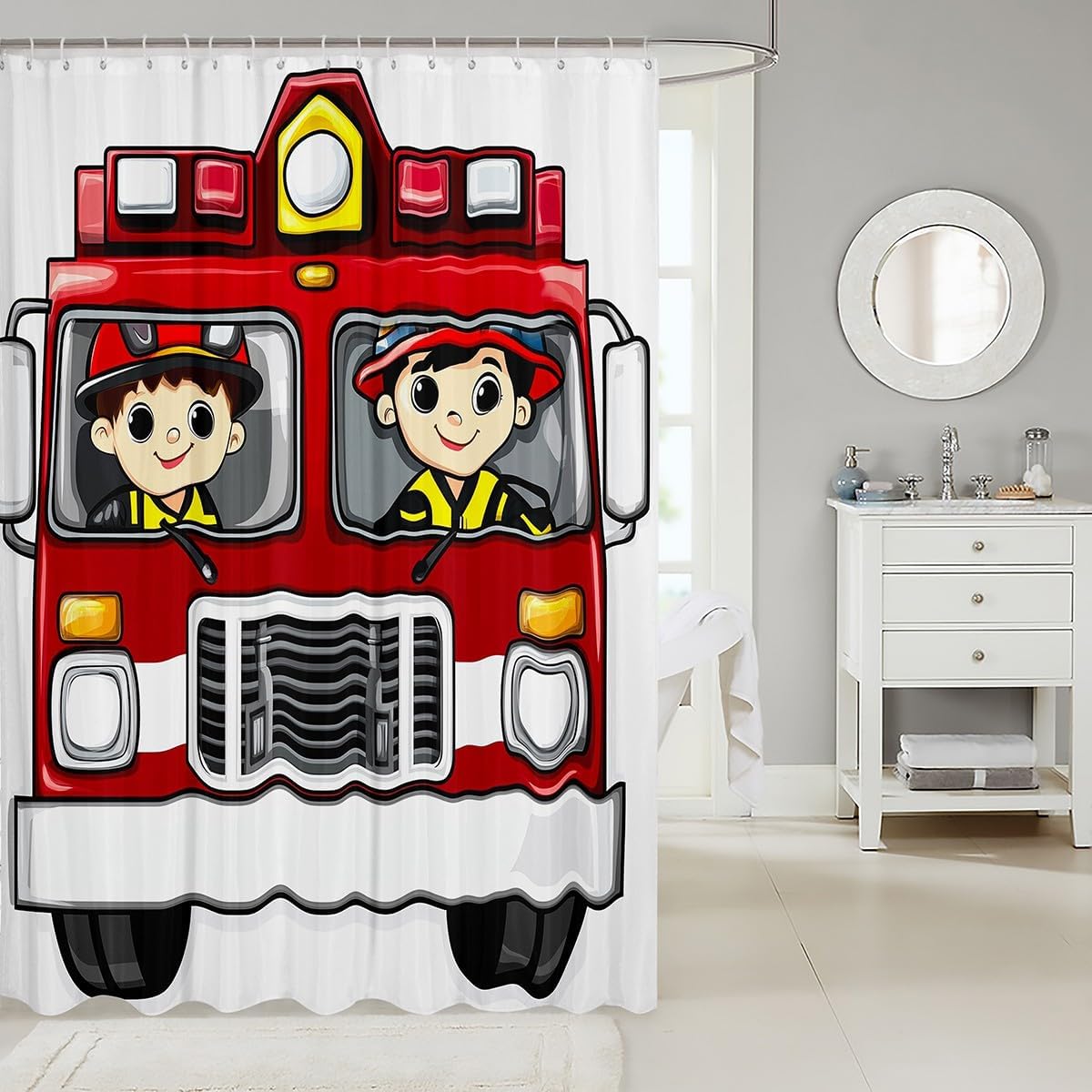 Fire Engine Bath Curtain Set with 12 Hooks