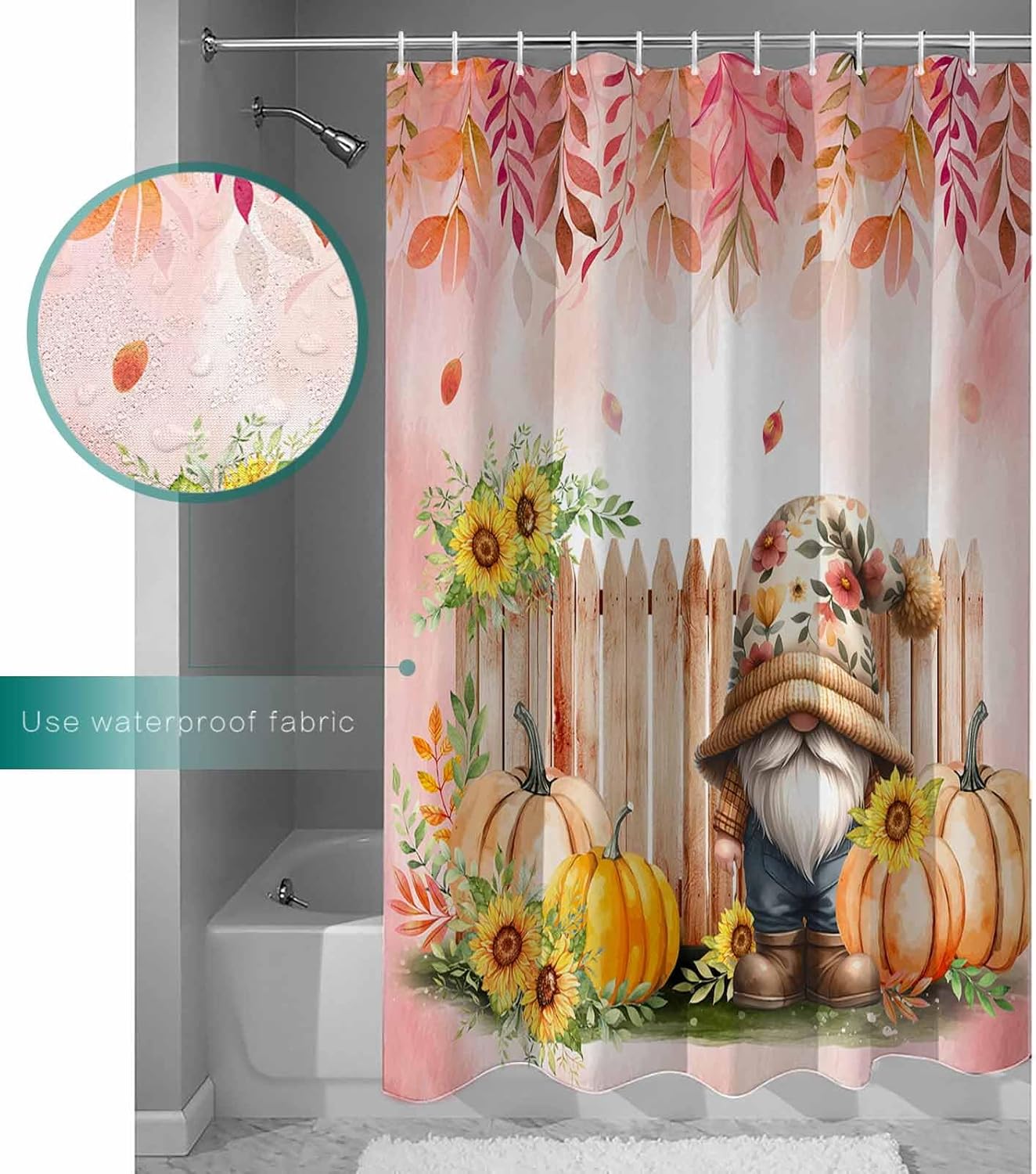 Thanksgiving shower curtain with pumpkins and leaves design