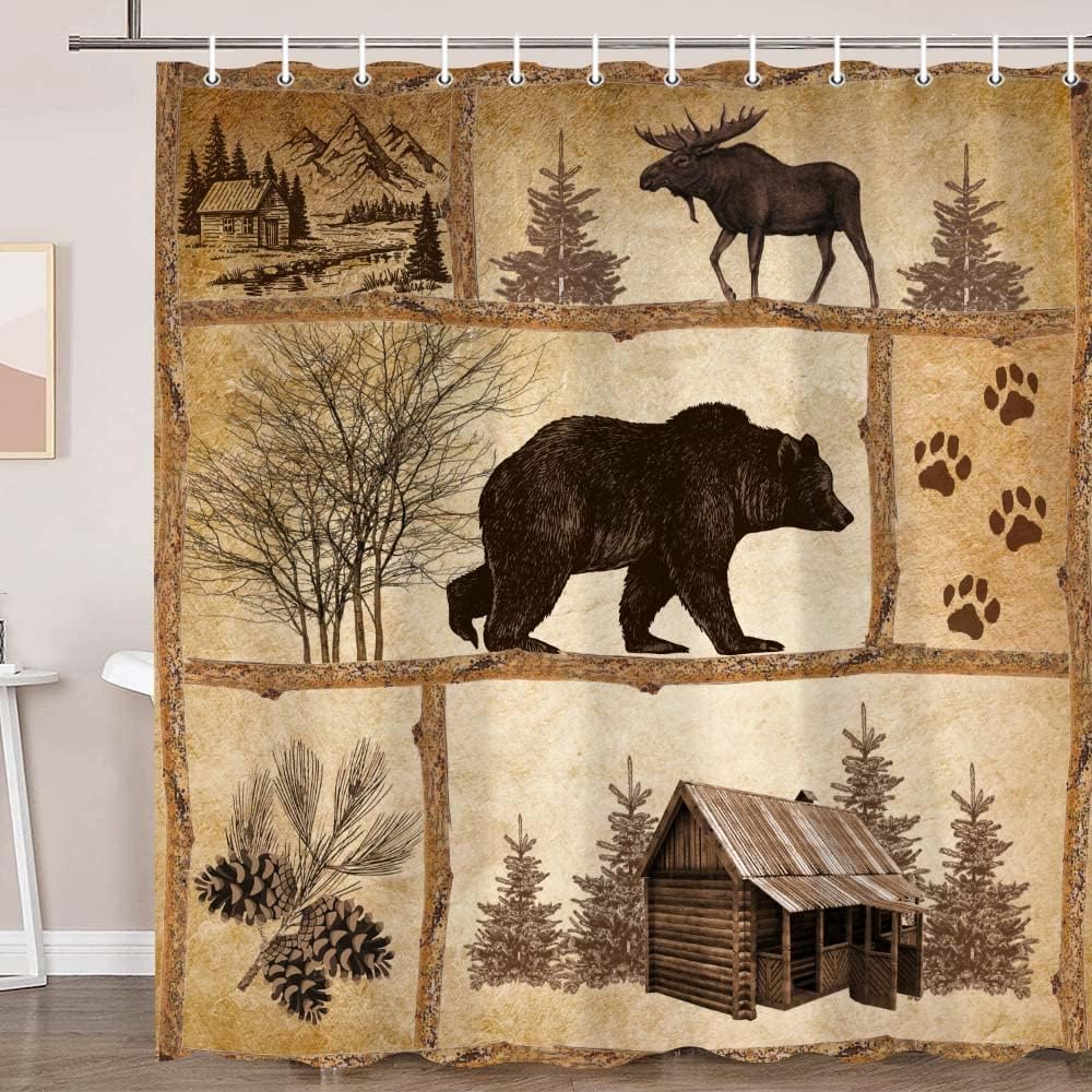 Rustic Cabin shower curtain set Bear Moose forest design waterproof 36x72 inch