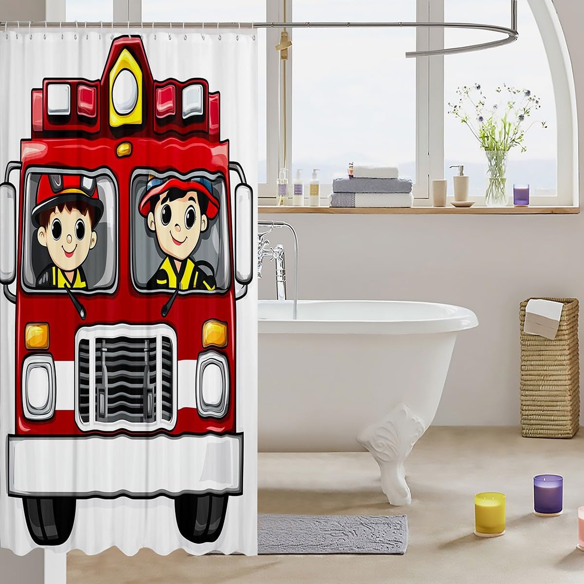 Fire Engine Bath Curtain Set with 12 Hooks