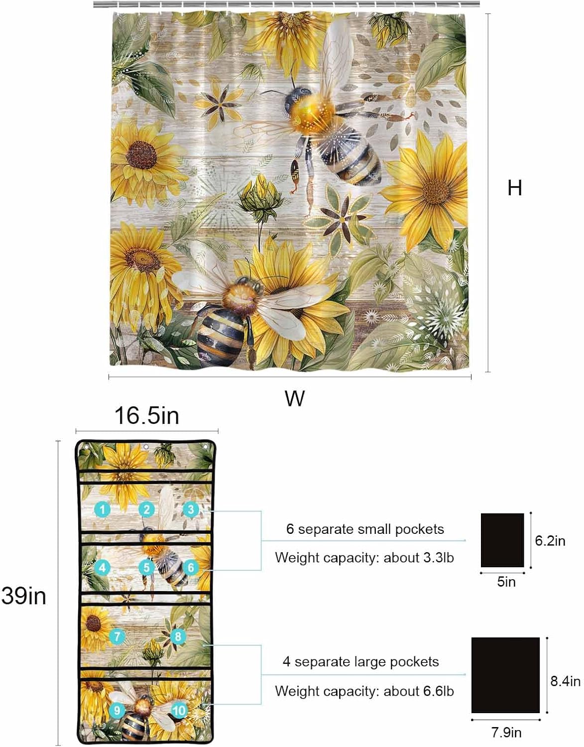 Bee Floral shower curtain set with caddy waterproof 60x72-inch farmhouse design
