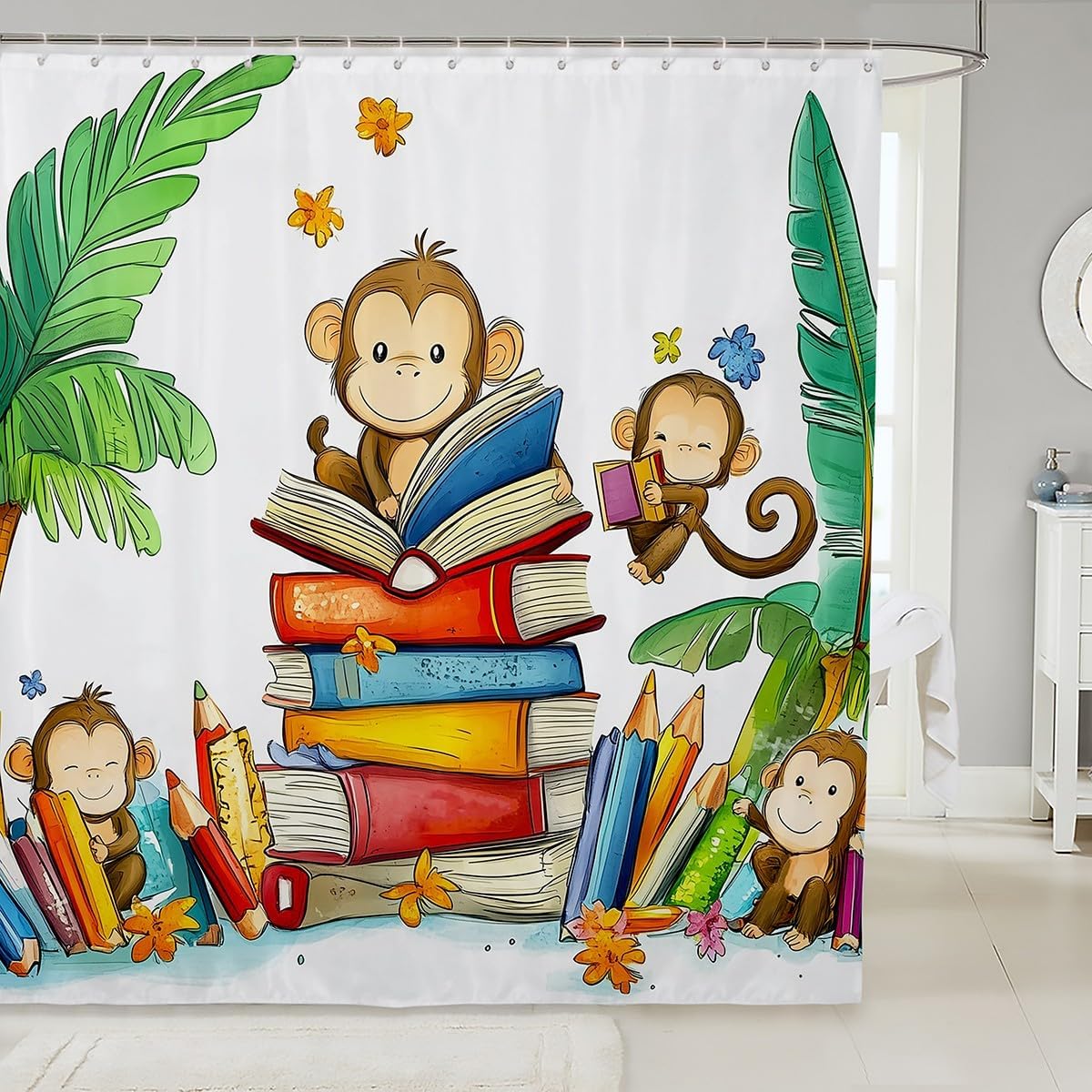 Cartoon Monkey Bath Curtain Easy Setup Durable