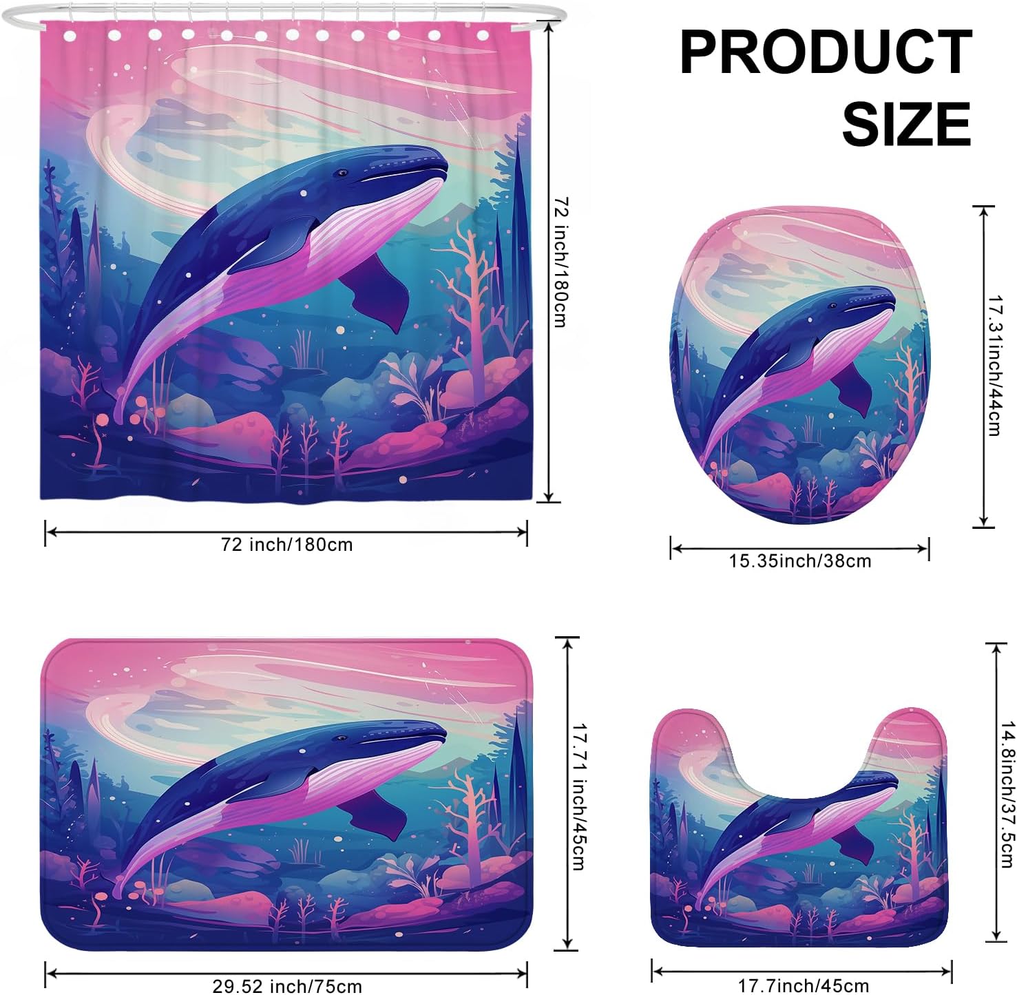 4PCS Fantasy Whale Bath Set with Non-Slip Rug and 12 Hooks