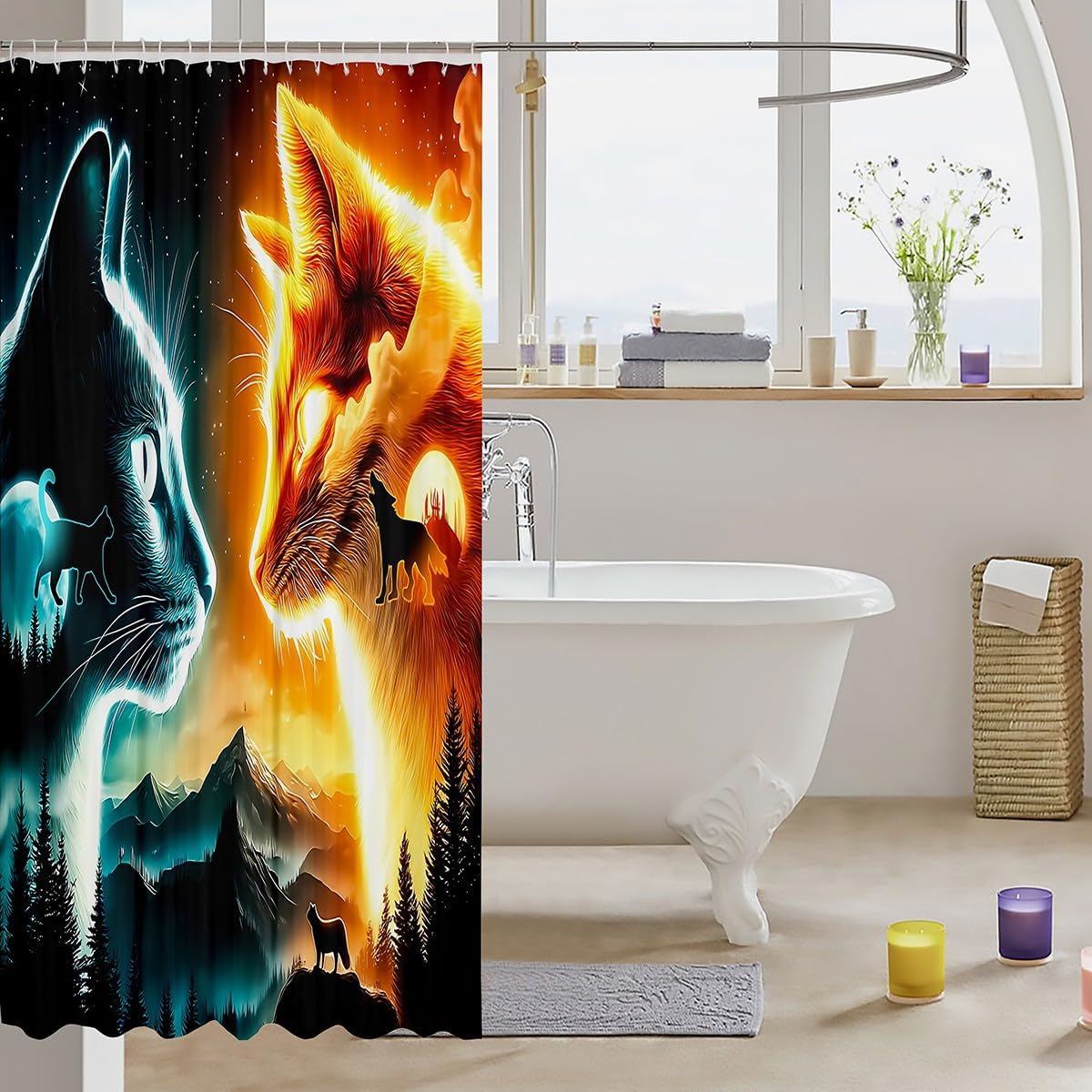 Castle Fairy Wolf Cat 3D Animal Bathroom Shower Curtain Set