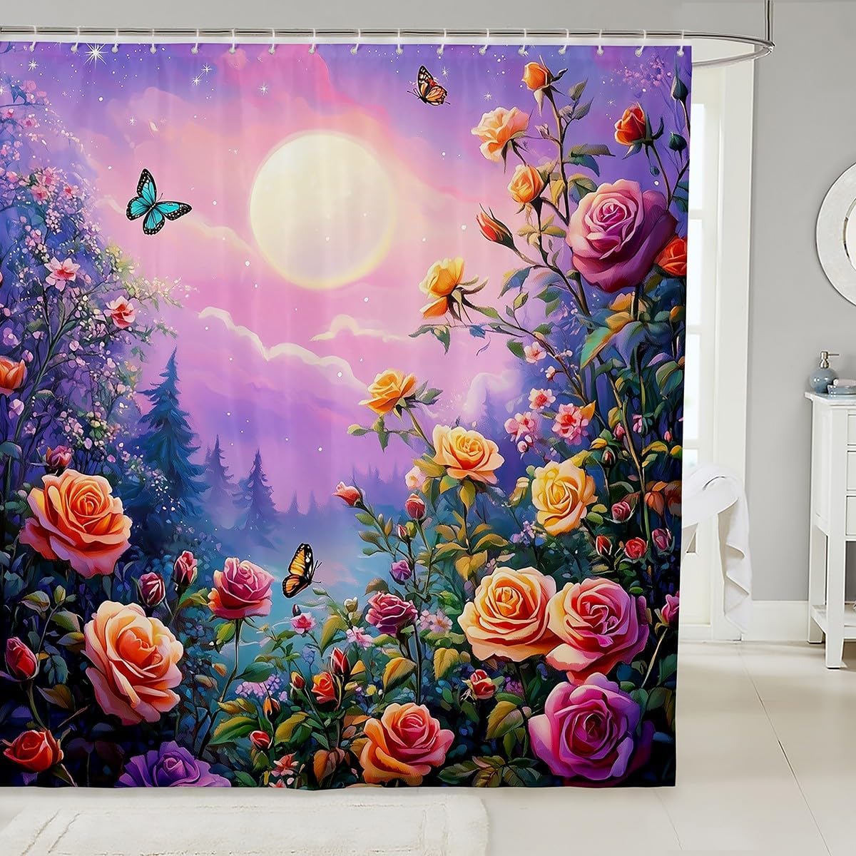 Castle Fairy Blooming Flowers Shower Curtain Set 1