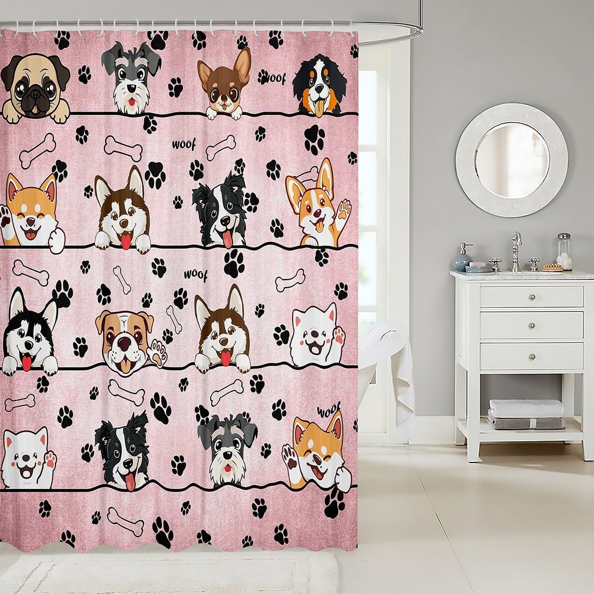 Cute Dog Shower Curtain with 12 Hooks Waterproof 3D-Printed