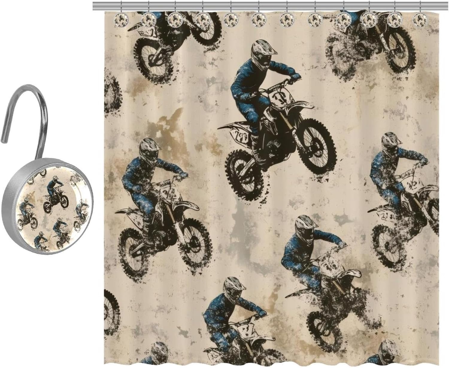 Blue Boys Motorcross Themed Shower Curtain Set - Rustic Stylish Bathroom Curtain