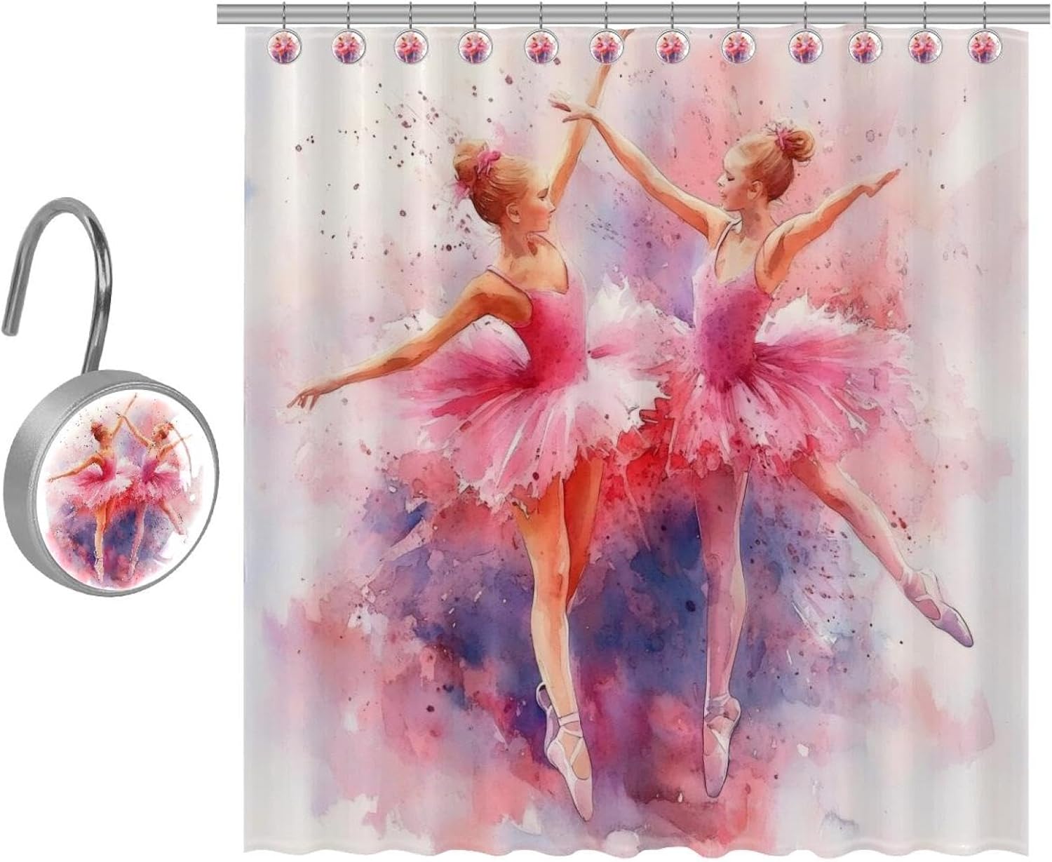 VAPOKF Pink Ballet Dress Girls Shower Curtain Set with Hooks 66x72 in