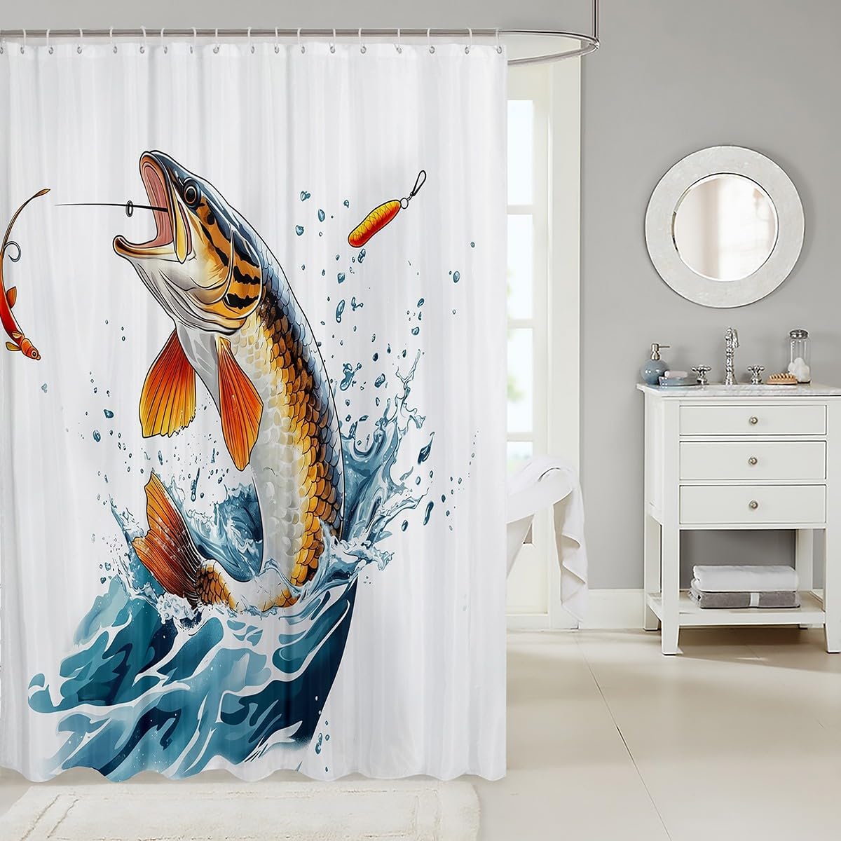 Cartoon Pike Fish Big Bass Bath Curtain 72x84