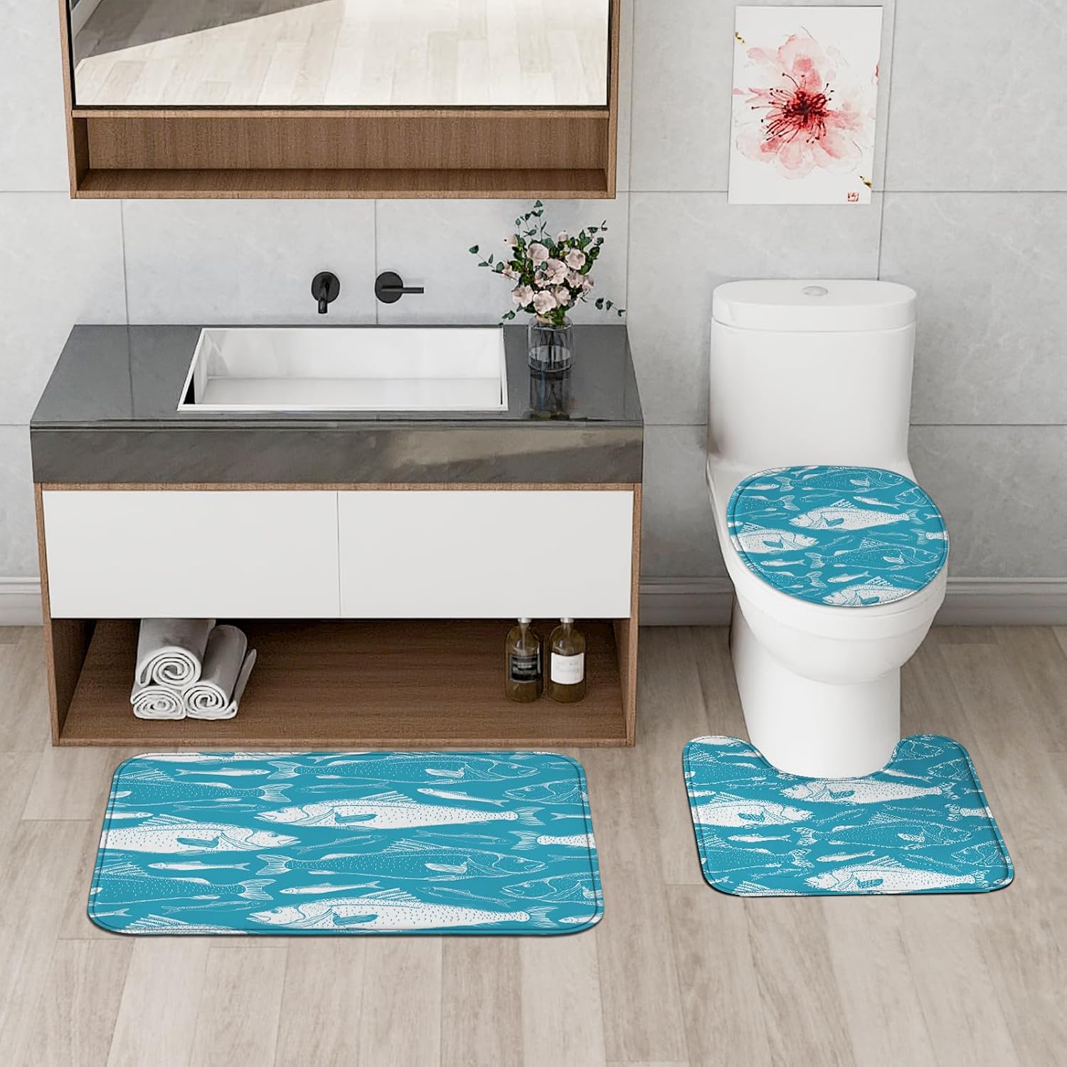 4PCS Cartoon Fish Bathroom Shower Curtains with Non-Slip Mat
