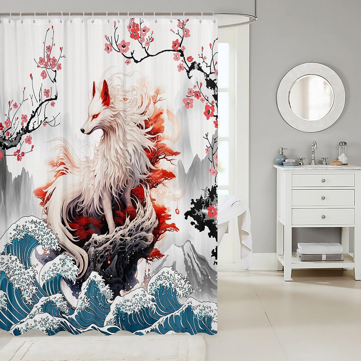 Set of Japanese Fox Bathroom Curtain