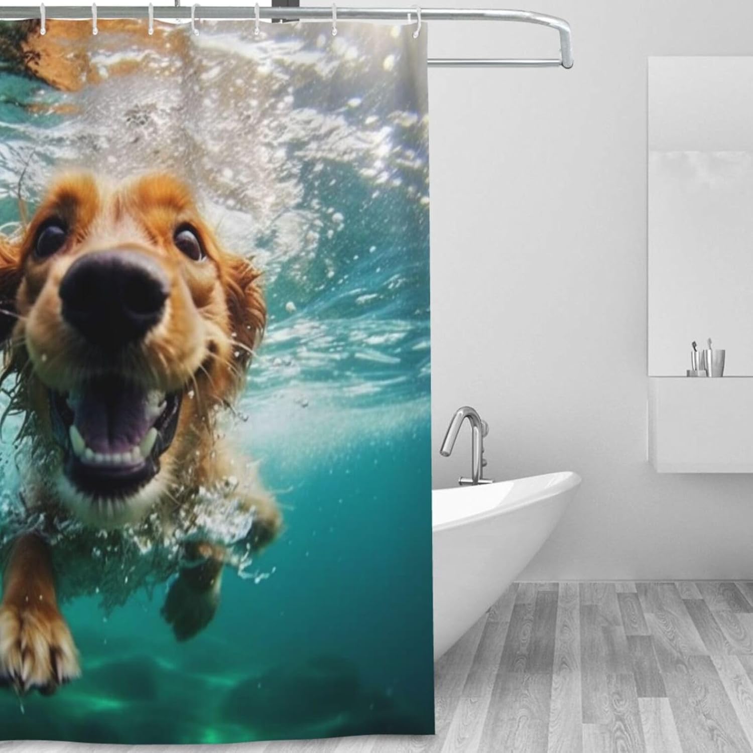Underwater Dog Shower Curtain Set with 12 Hooks
