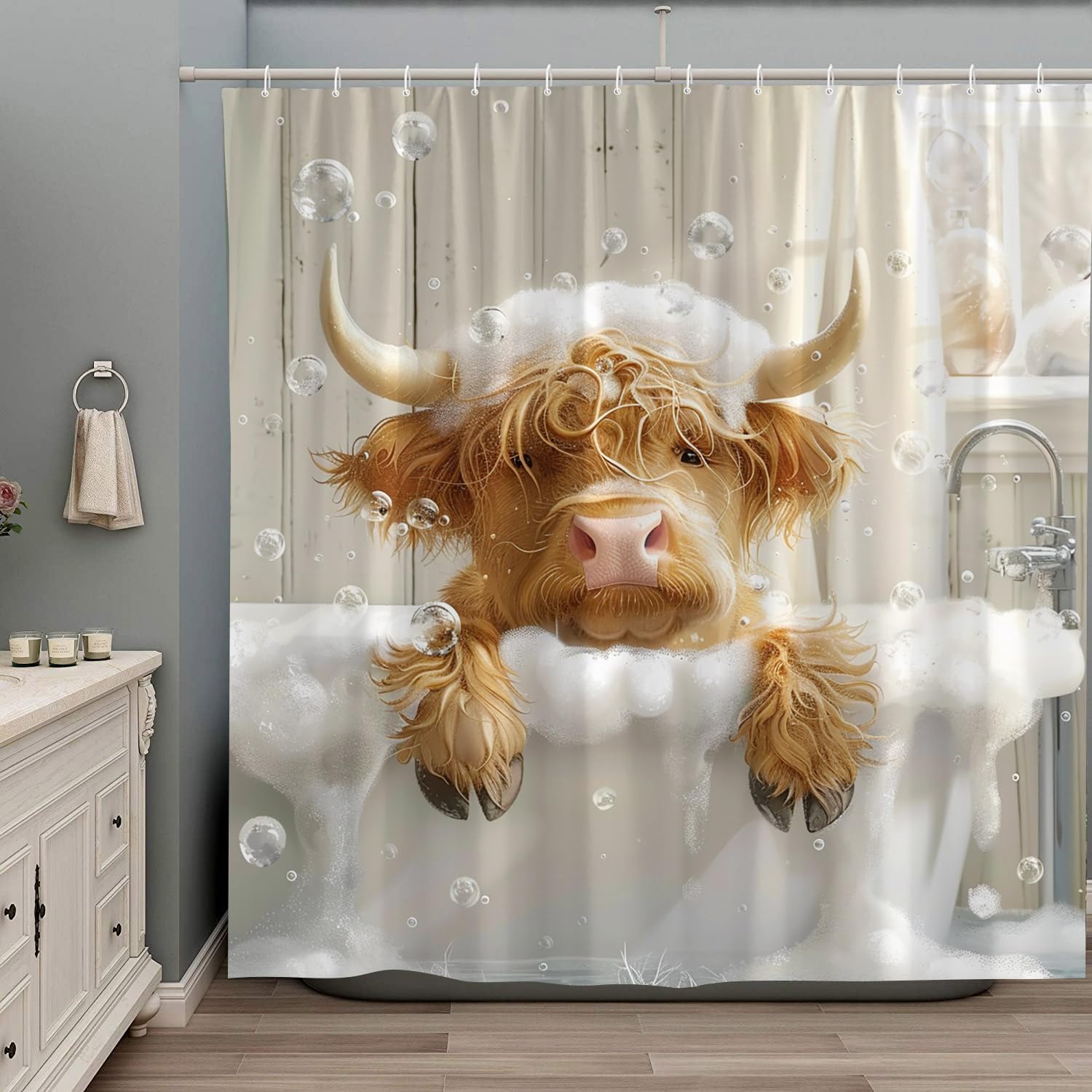 Funny Highland Cow Shower Curtain with Hooks