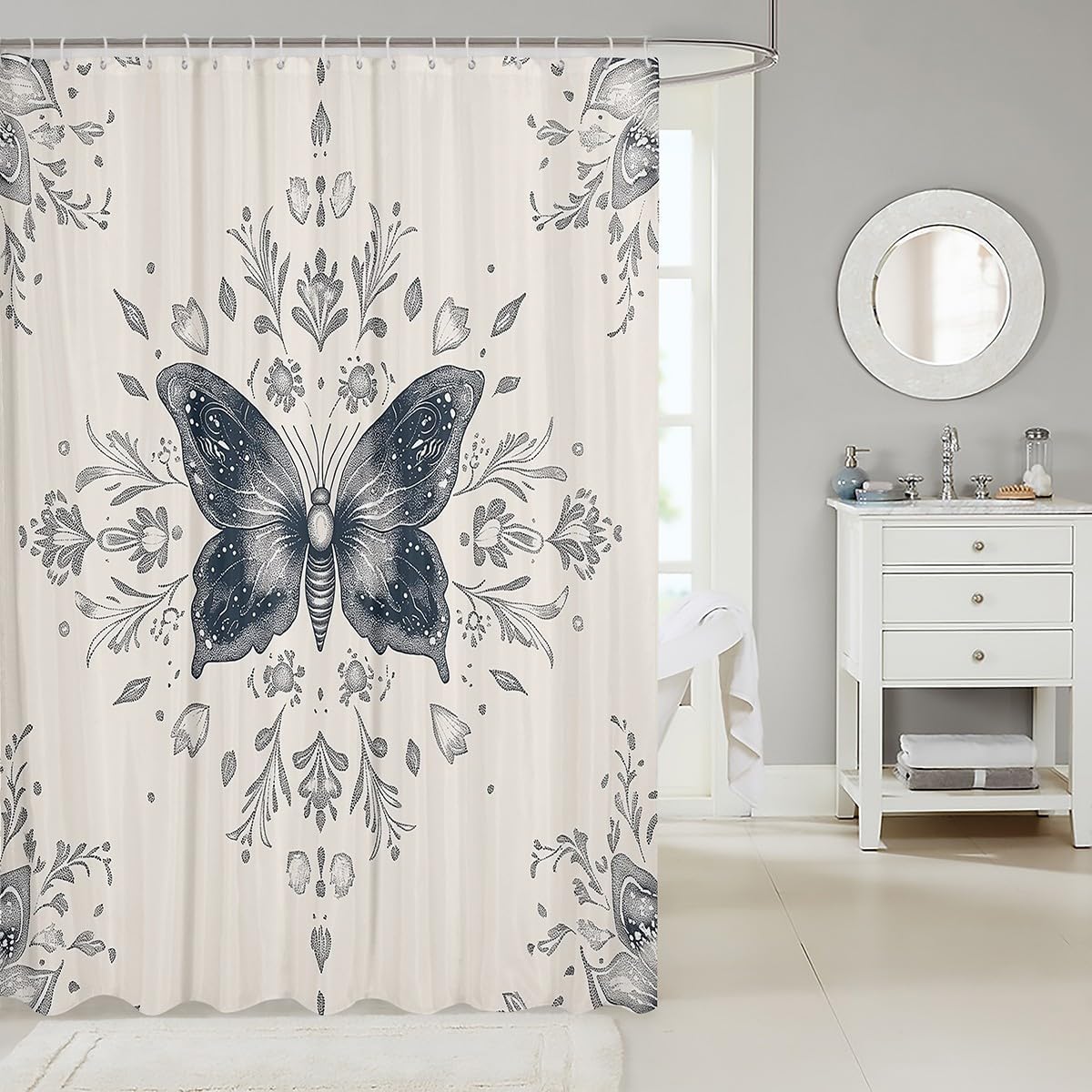 72x84 Inch Damask Moth Shower Curtain Set for Kids Teens