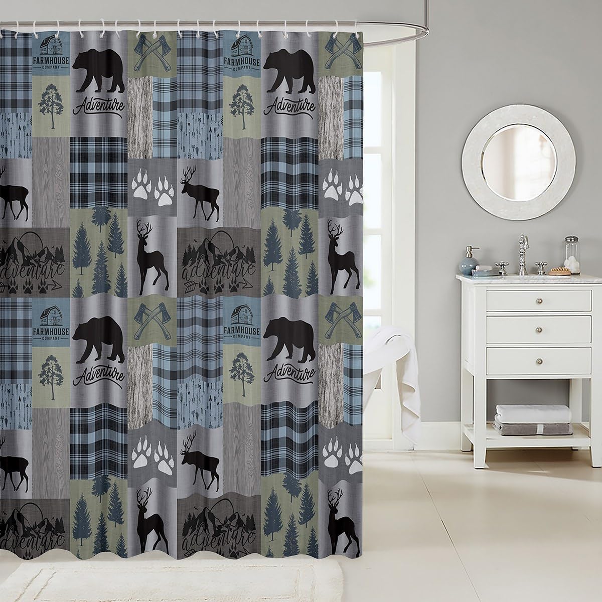 Cute Bear Deer Shower Curtain with 12 Hooks