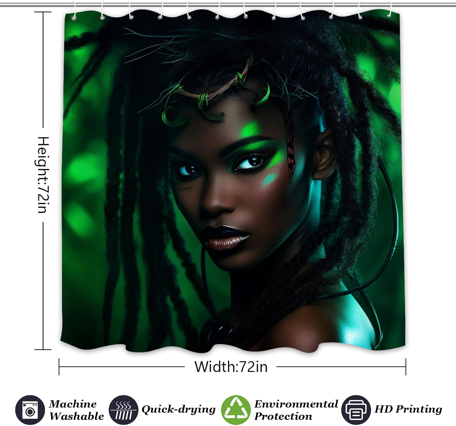 African American Girls Shower Curtain Set Green Leaves Boho 72x72in