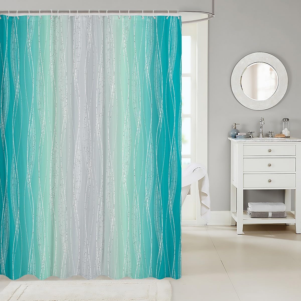 Erosebridal Teal Greyish White Shower Curtain with Turquoise Ombre Design