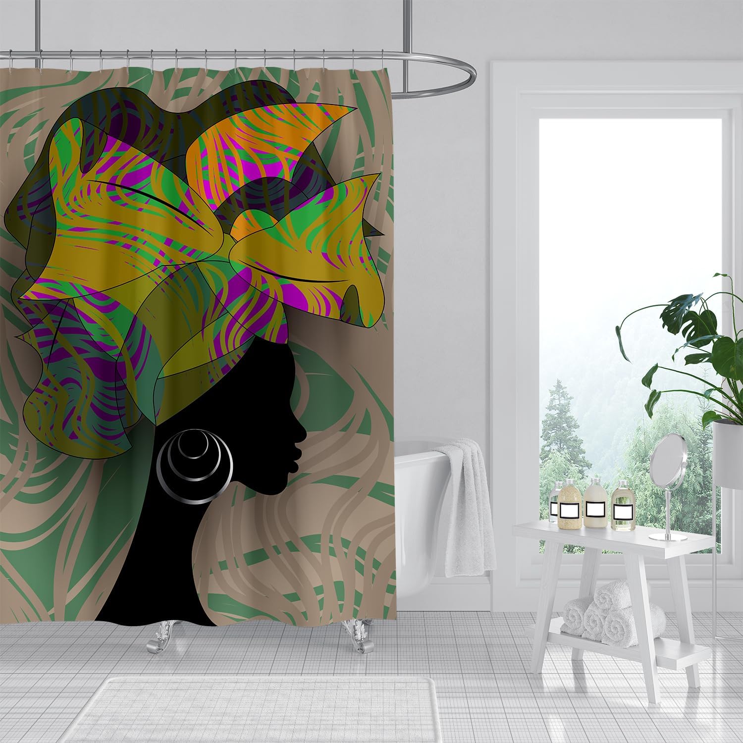 African Woman Shower Curtain Black Art Banana Plant-print