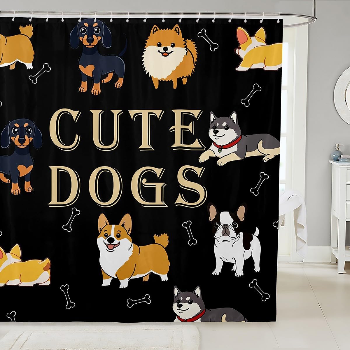 Cute Puppy Shower Curtains for Kids Waterproof Bathroom Curtain Set