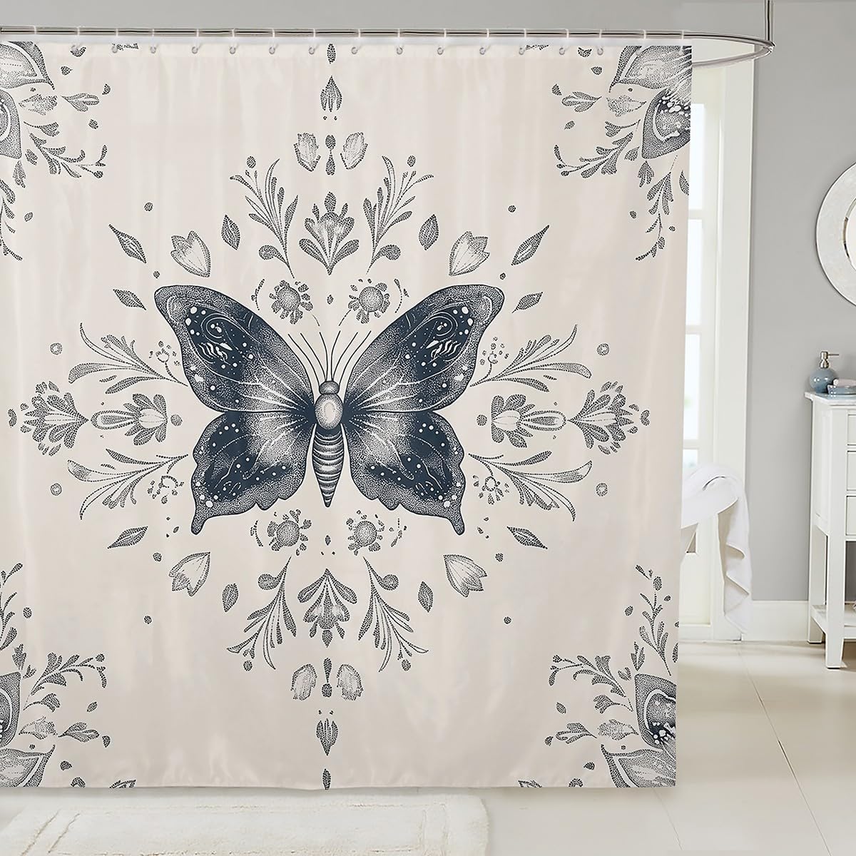72x84 Inch Damask Moth Shower Curtain Set for Kids Teens