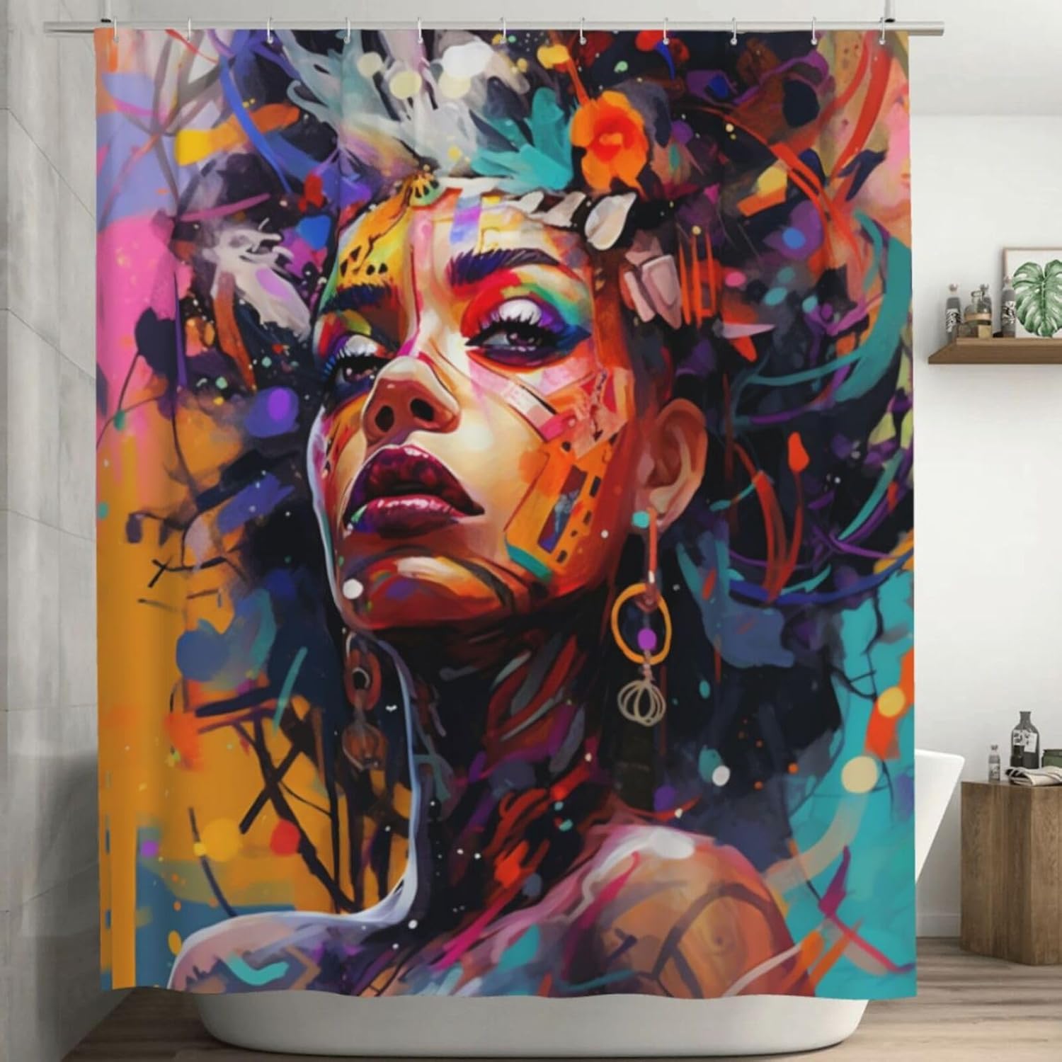 Abstract Girl Shower Curtain Set 72x72in Waterproof 12 Hooks