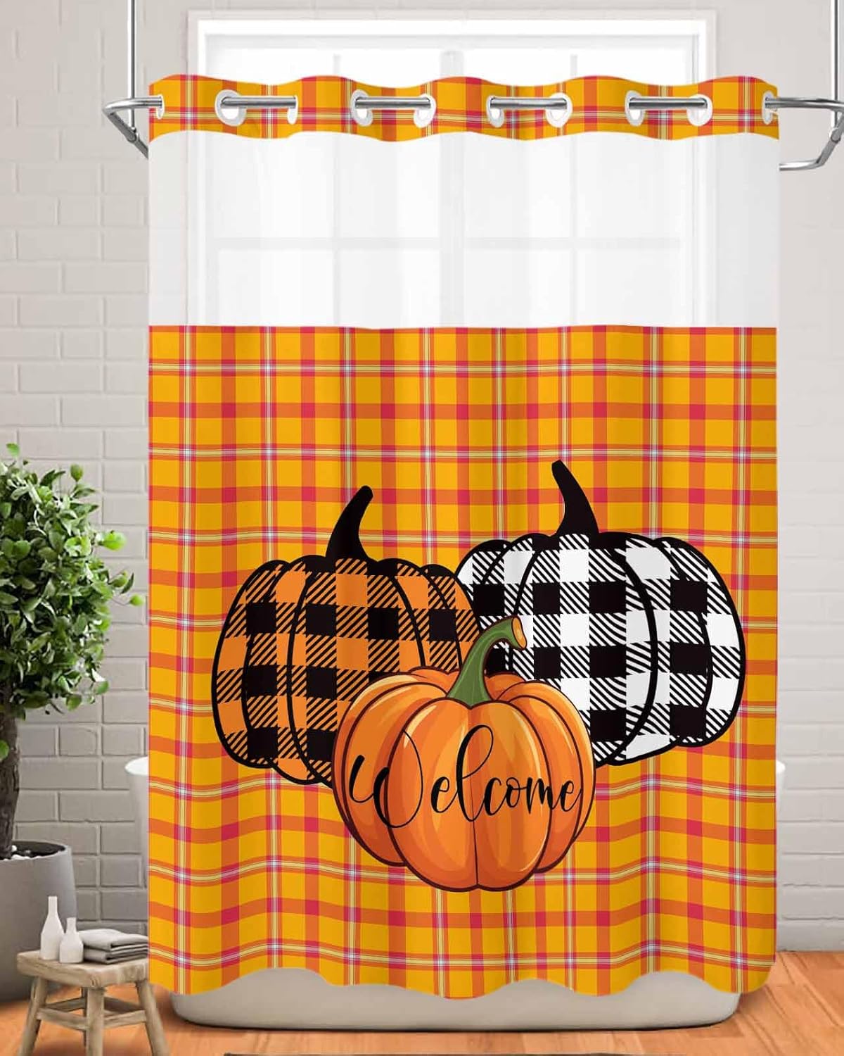 fall pumpkin no hook bath shower curtain set - soft 48x72 botanical design