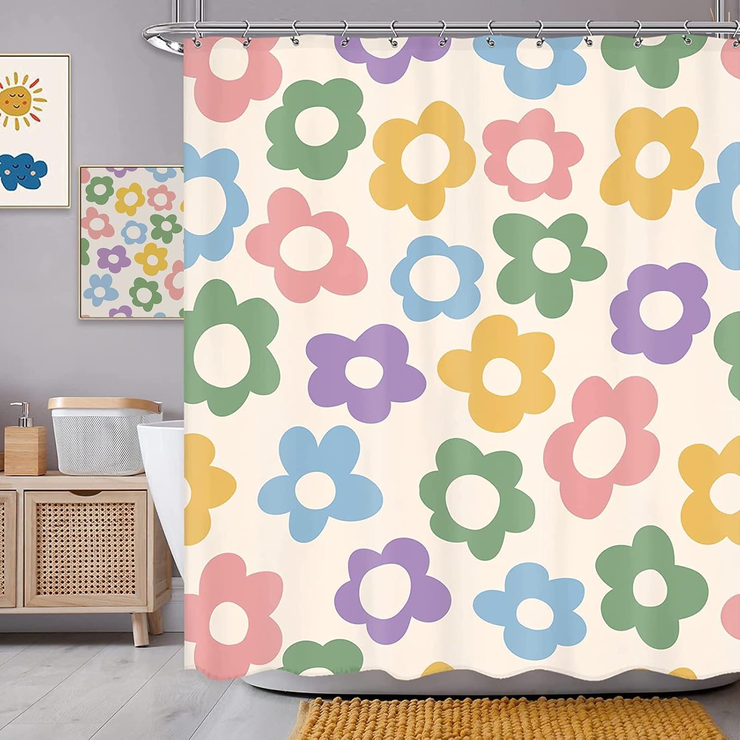 Sanzugh Pastel Flower 70s Boho Bath curtain