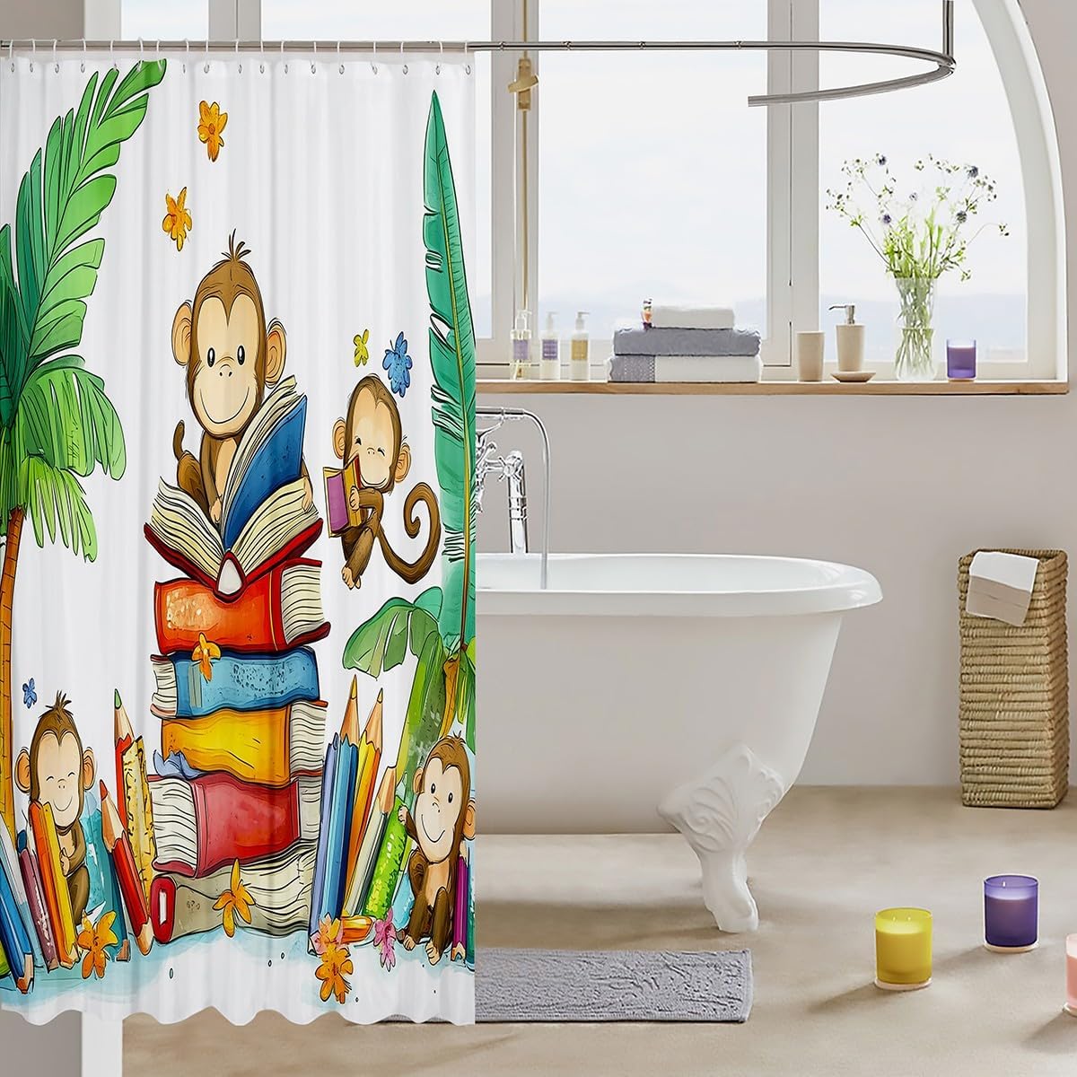 Cartoon Monkey Bath Curtain Easy Setup Durable