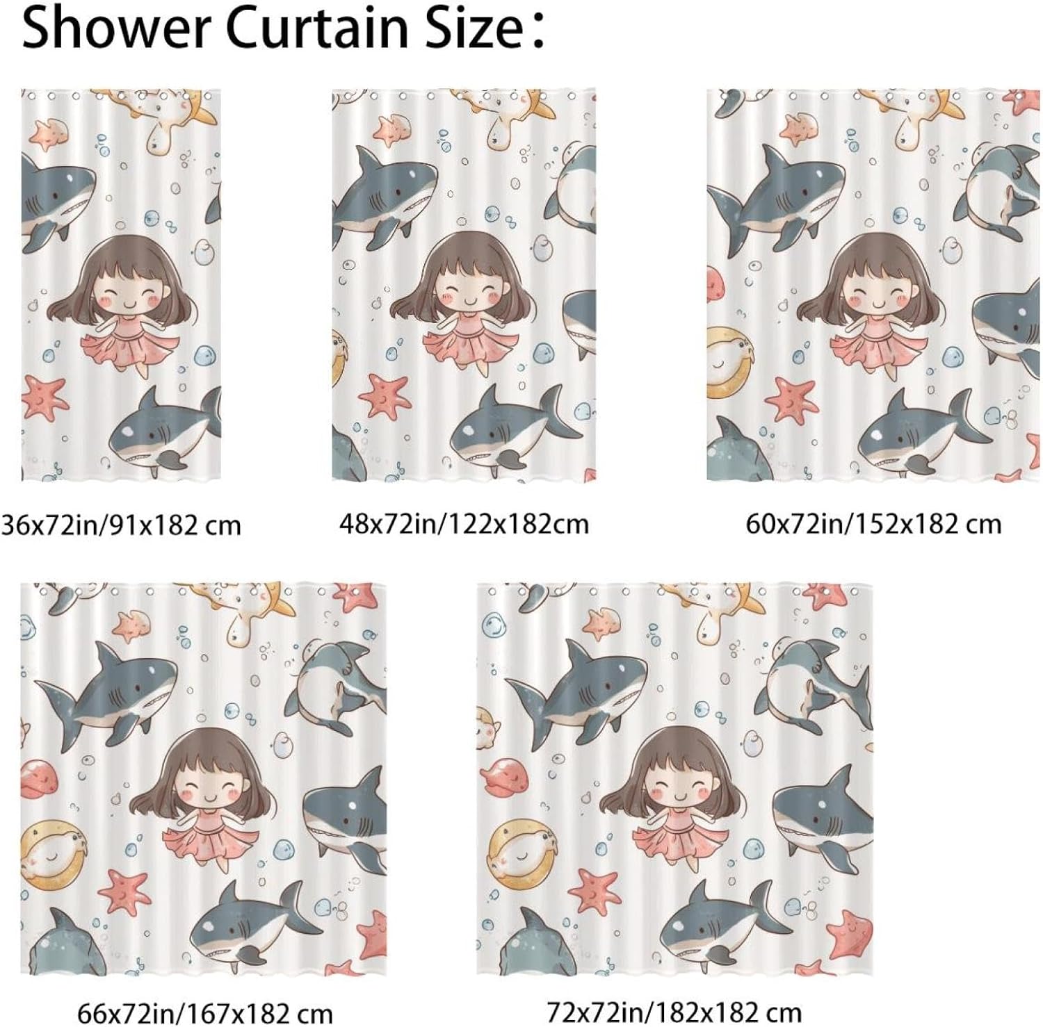 Cartoon Shark Starfish Print Washable 10-Piece Polygonal Planes Shower Curtain 66x72 in
