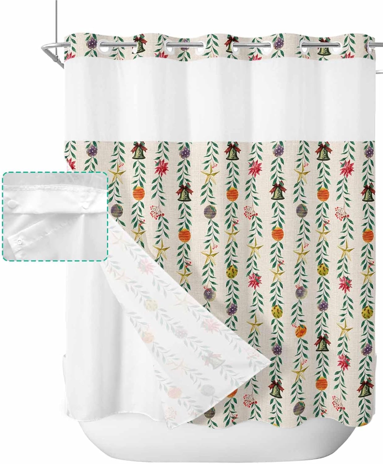 holiday home winter bathroom shower curtain set with see through top 72x72