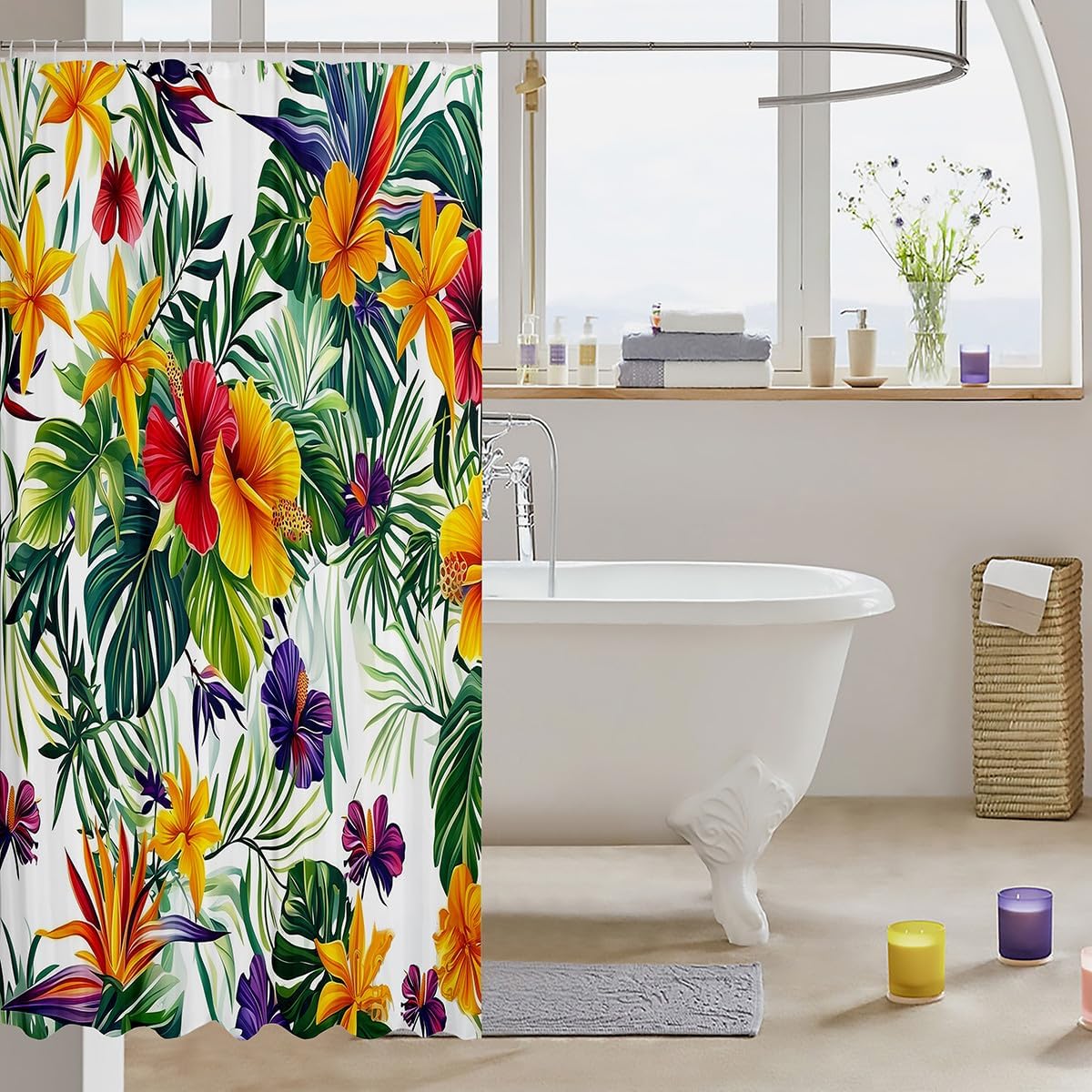 Tropical Flower Shower Curtain Set 72x84 Green Palm Leaves