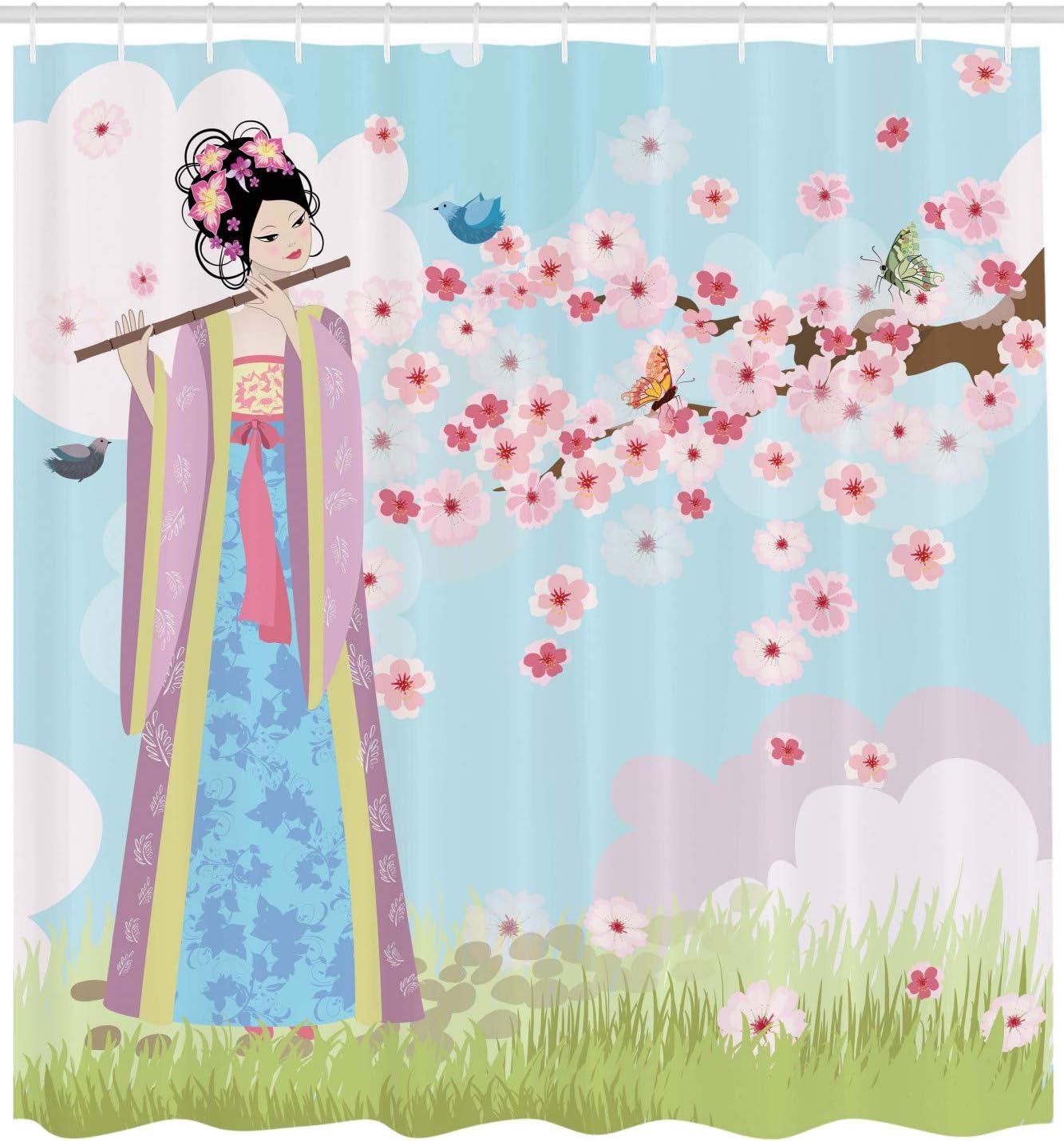 Oriental Music Shower Curtain Cherry Blossoms Butterflies Ambesonne