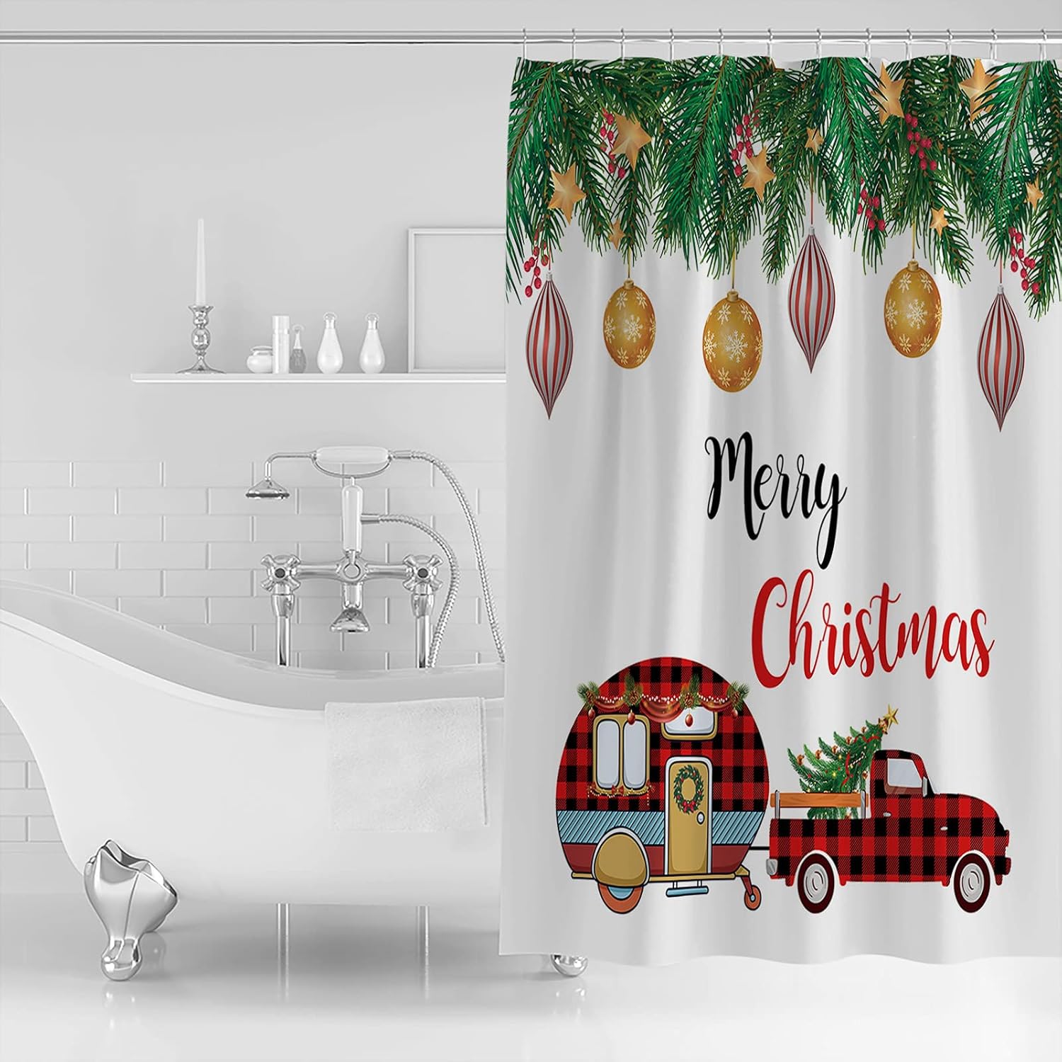 Christmas Camper Pine Boughs - Waterproof Shower Curtain
