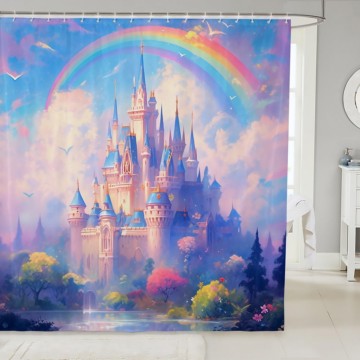 Fairy Tale Castle Shower Curtain with 12 Hooks