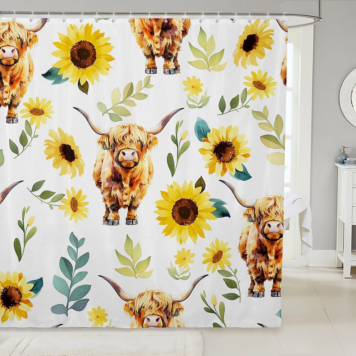 Feelyou Highland Cow Bath Curtain Sunflower Bathroom Set