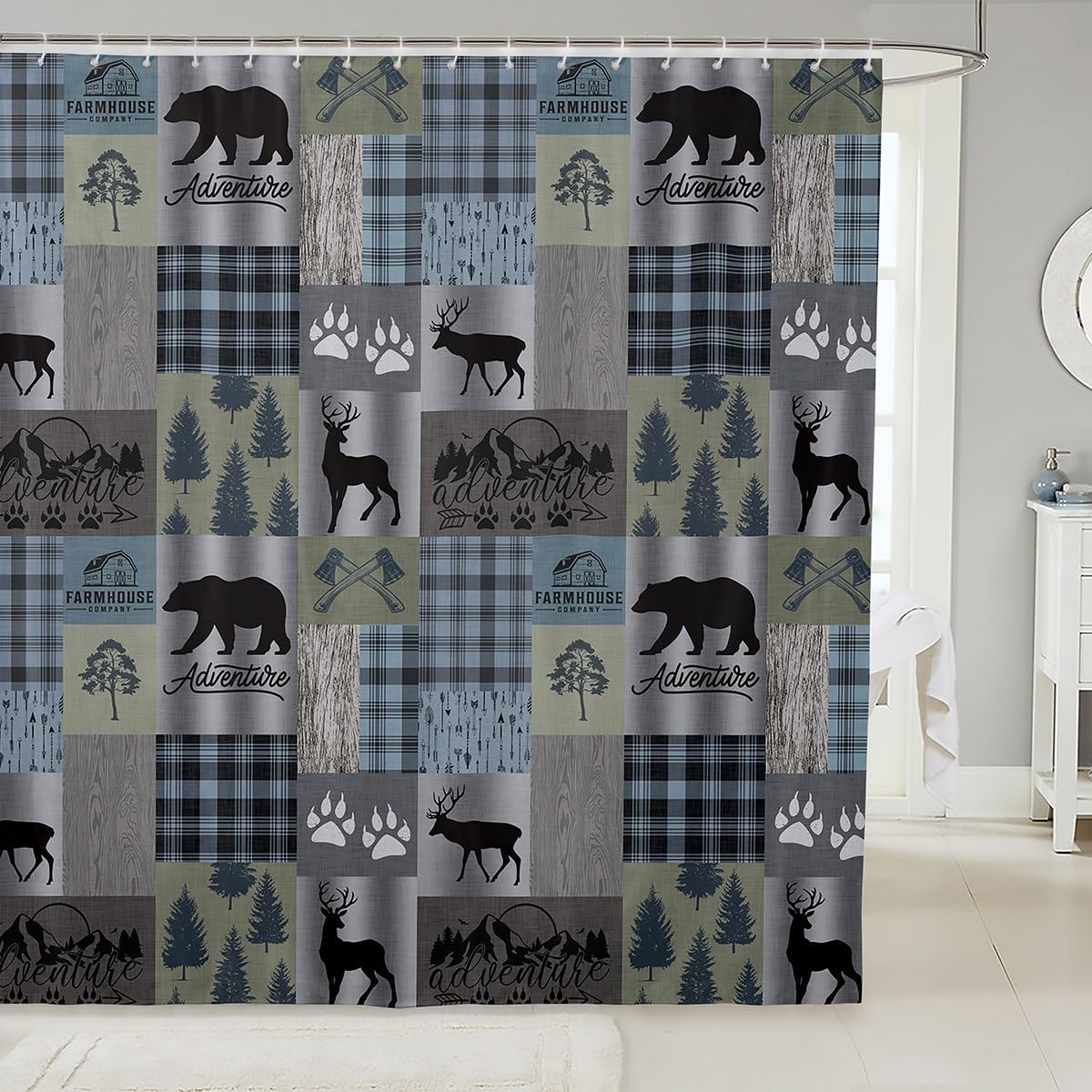 Cute Bear Deer Shower Curtain with 12 Hooks