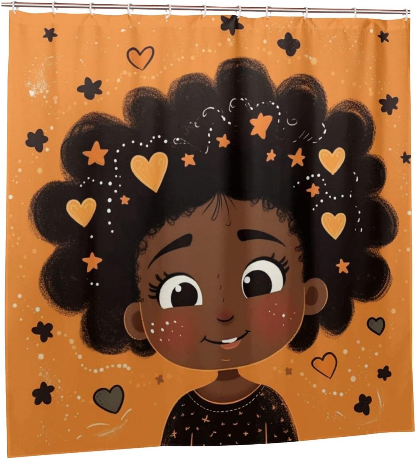 Smile Black Girl Bathroom Shower Curtain Set with Star Heart Design