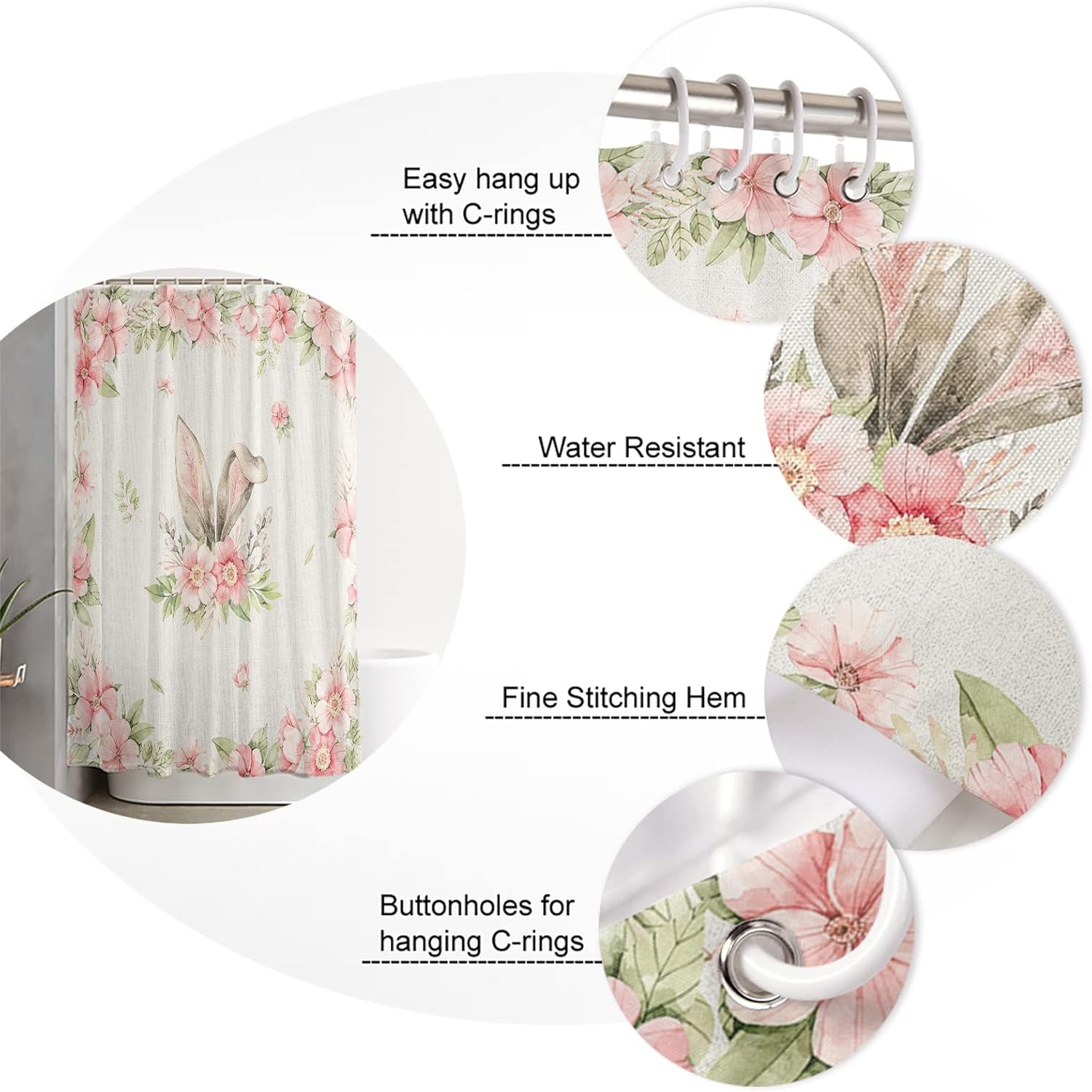 36x78 inch bunnies and flowers waterproof shower curtain set machine washable bathroom