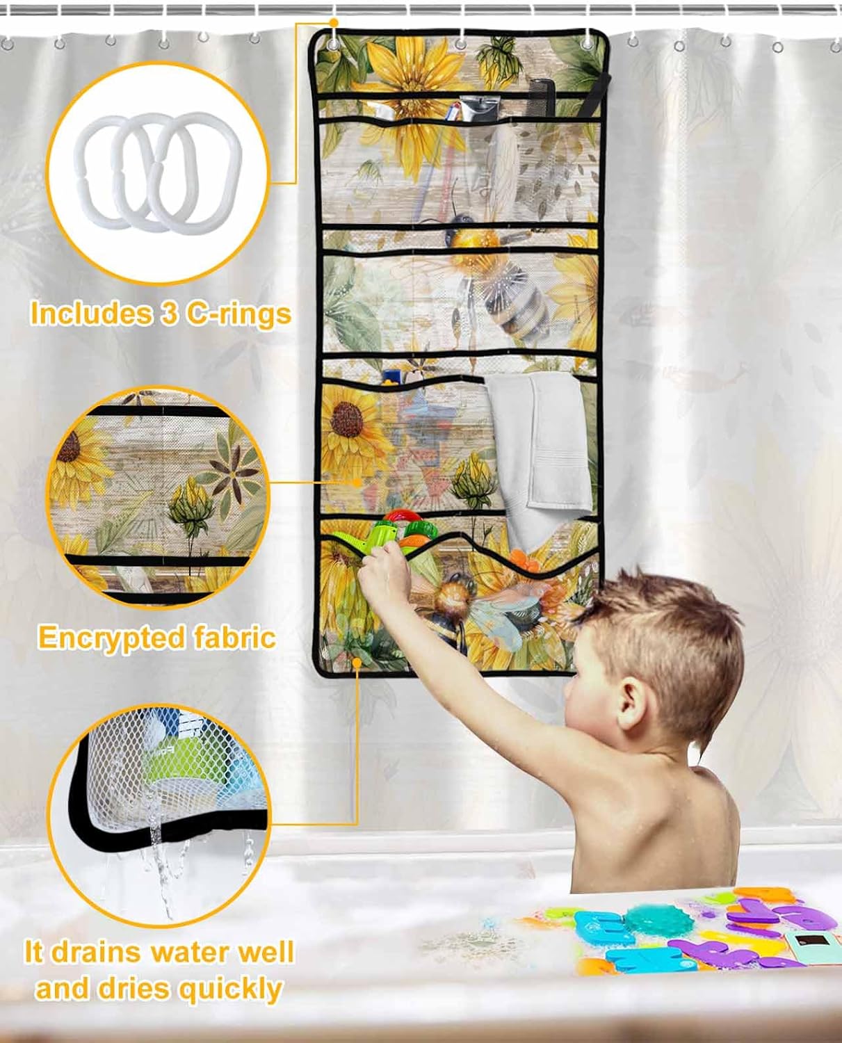 Bee Floral shower curtain set with caddy waterproof 60x72-inch farmhouse design