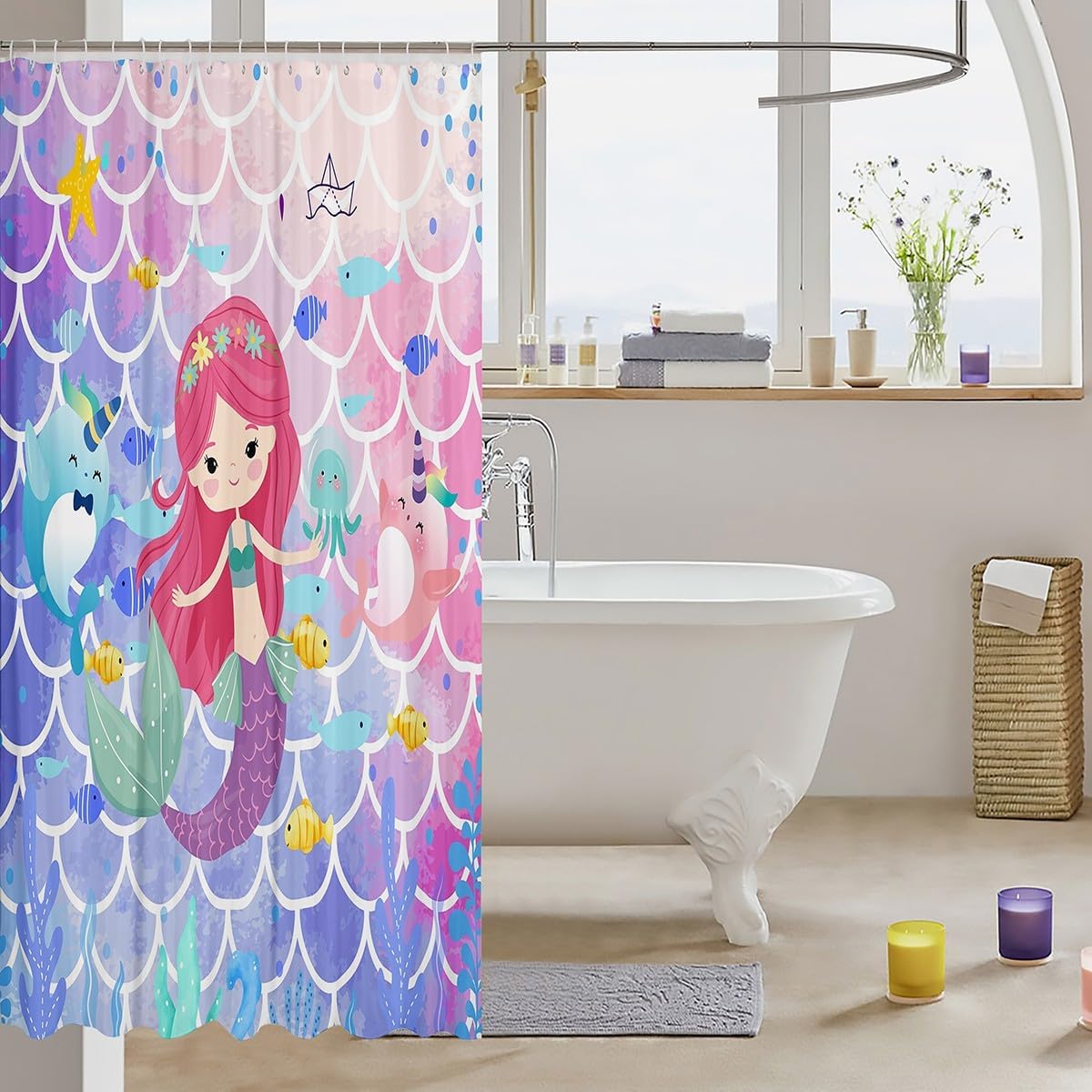 Castle Fairy Mermaid Shower Curtain Set with 12 Hooks