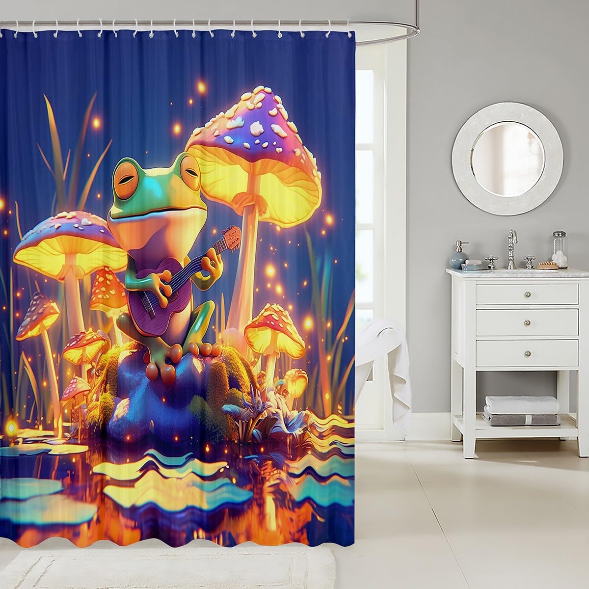Trippy mushroom bath curtain set with 12 hooks for kids