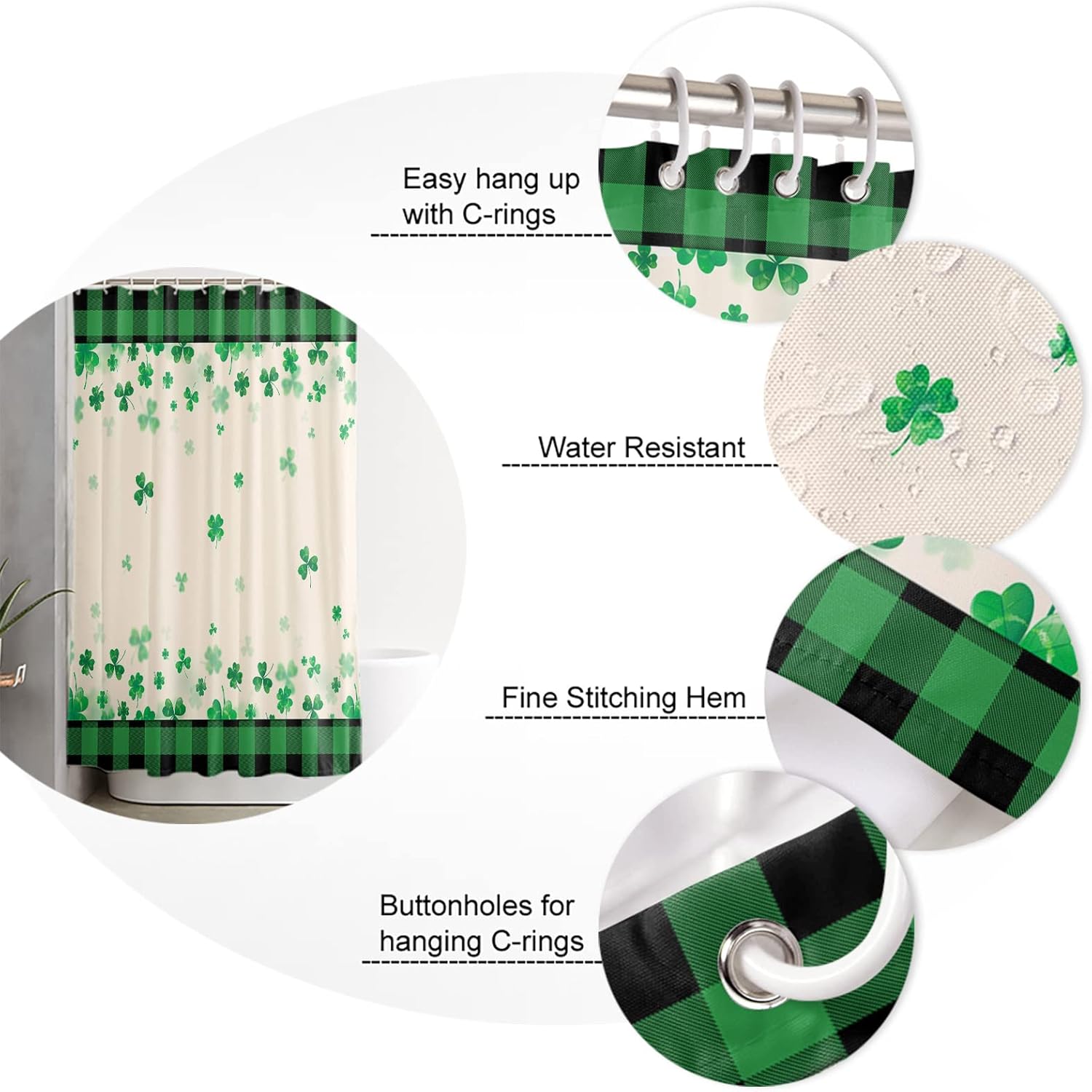 TocaHome Waterproof Shamrock Plaid Shower curtain Set