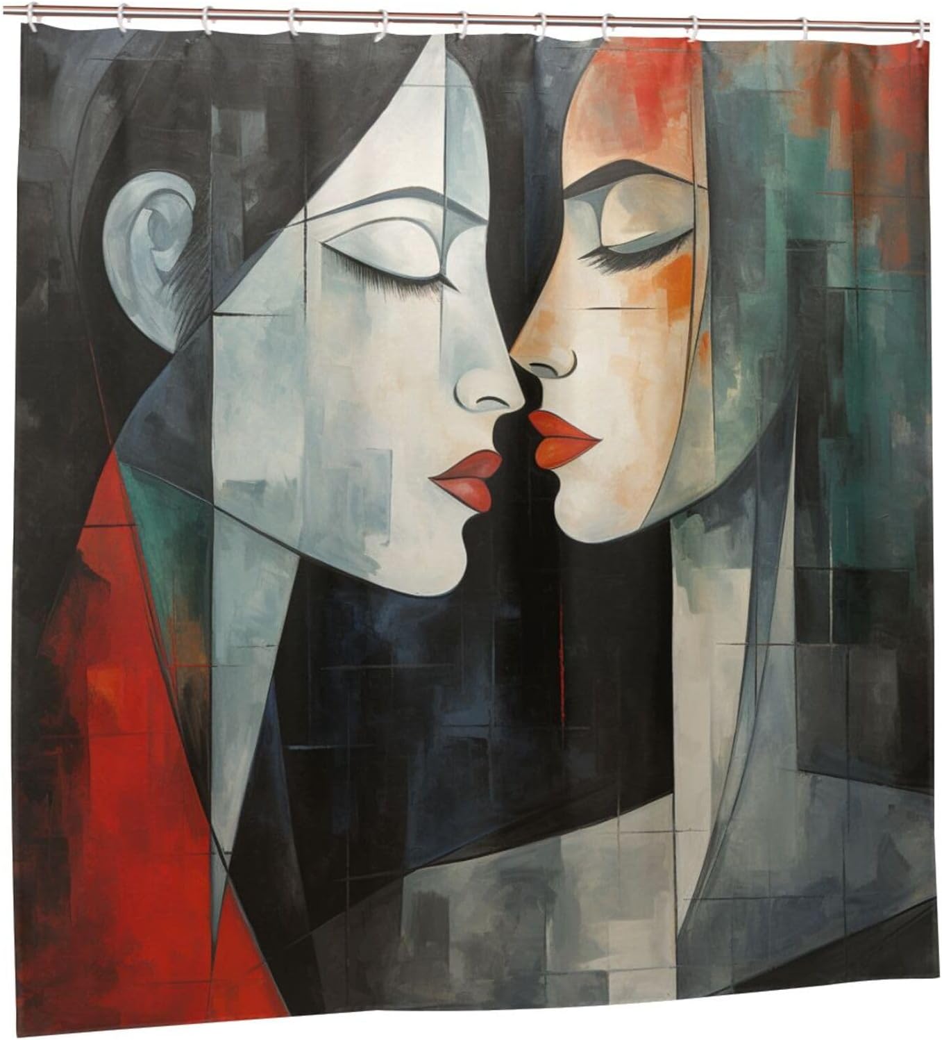 Kissing Girl Boho Shower Curtain Set Oil Painting Red Black