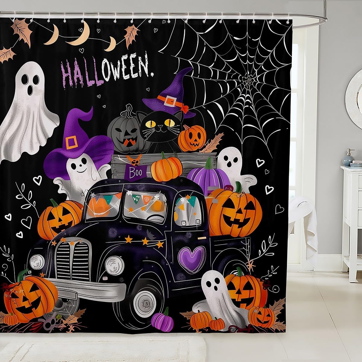 Happy Halloween 72x72 Spider Web Print Bathroom Shower Curtain for Kids Teens