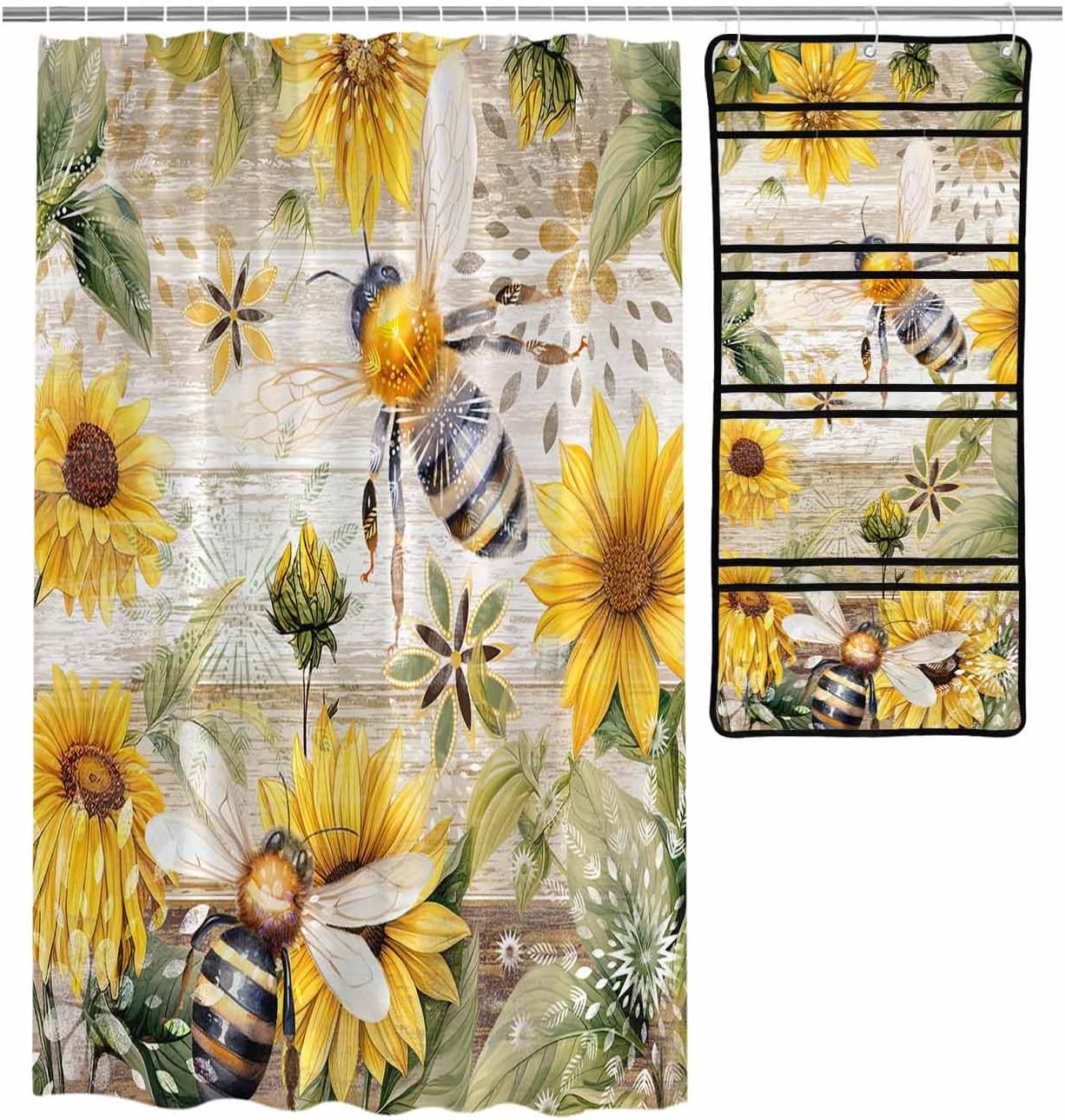 Bee Floral shower curtain set with caddy waterproof 60x72-inch farmhouse design