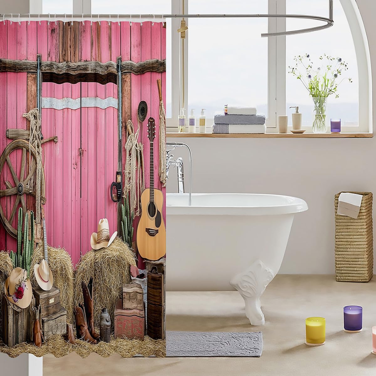 Pink Farmhouse Shower Curtain Set with Hooks
