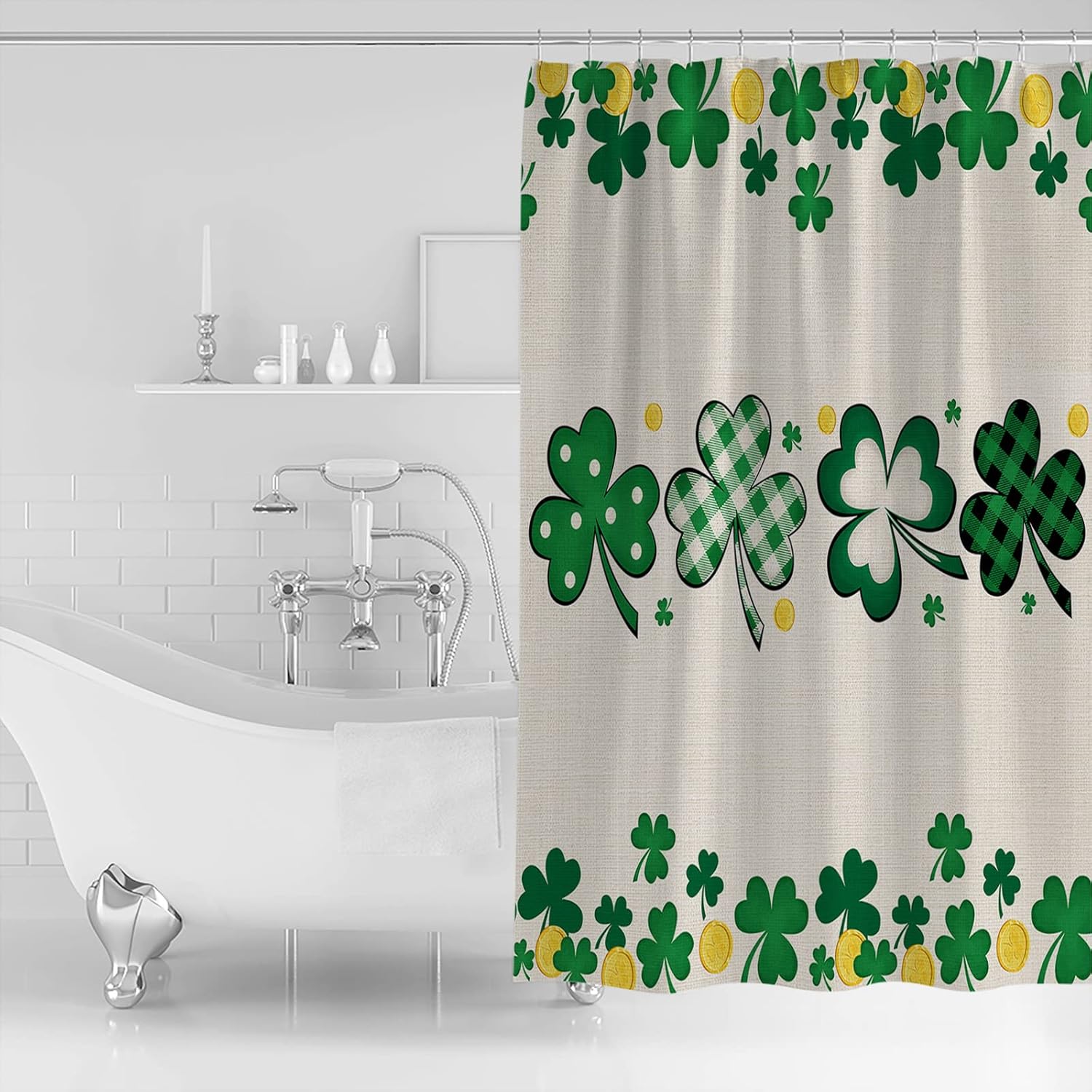 TocaHome Waterproof Shower Curtain with Hooks and Lucky Shamrocks Design