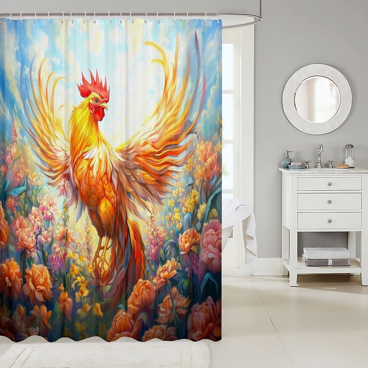 Castle Fairy Hen Bath Curtain 72x72 Farmhouse Animal Shower Set